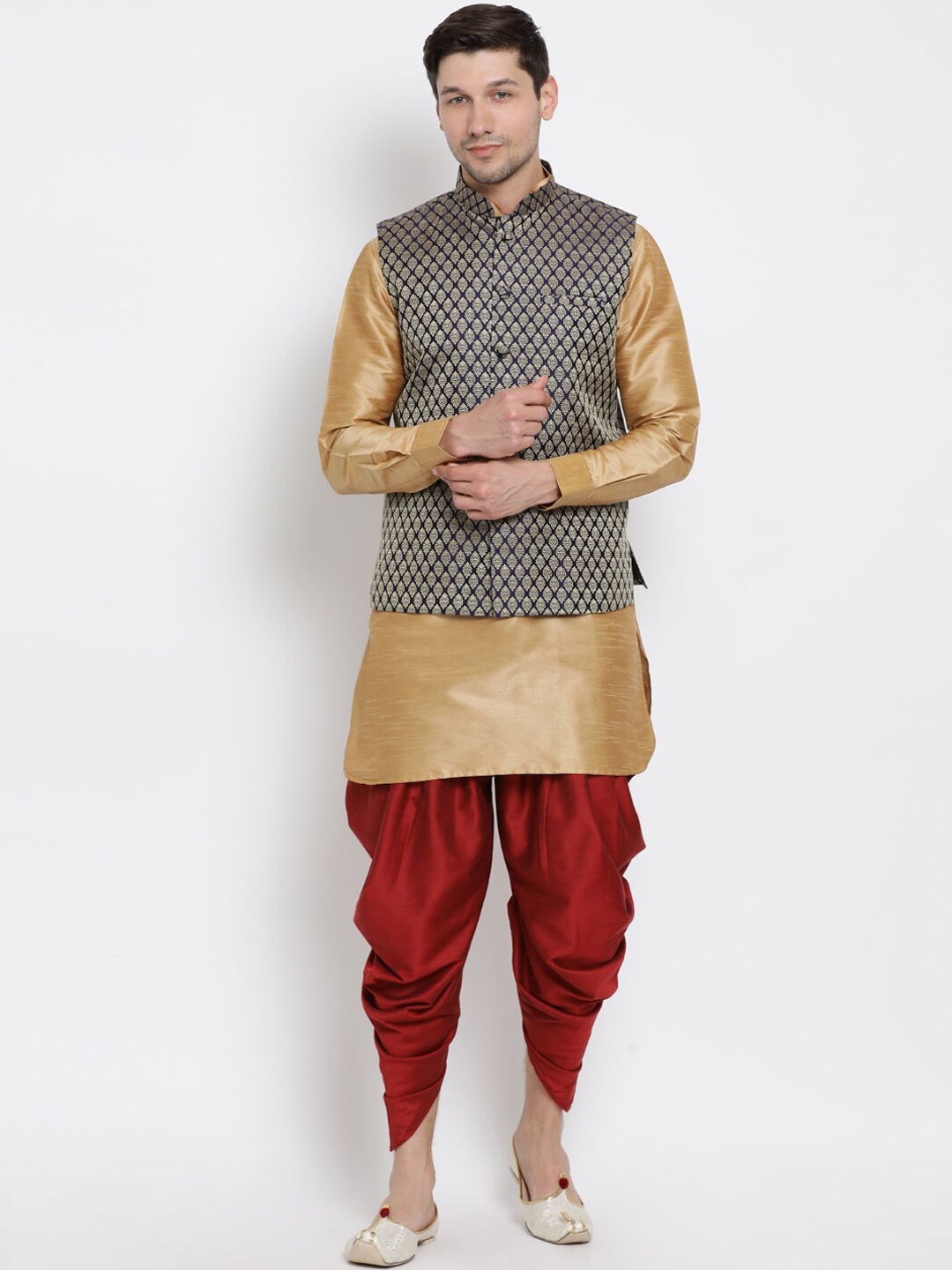 

VASTRAMAY Mandarin Collar Regular Kurta with Dhoti Pants & Woven Design Nehru Jacket, Rose gold