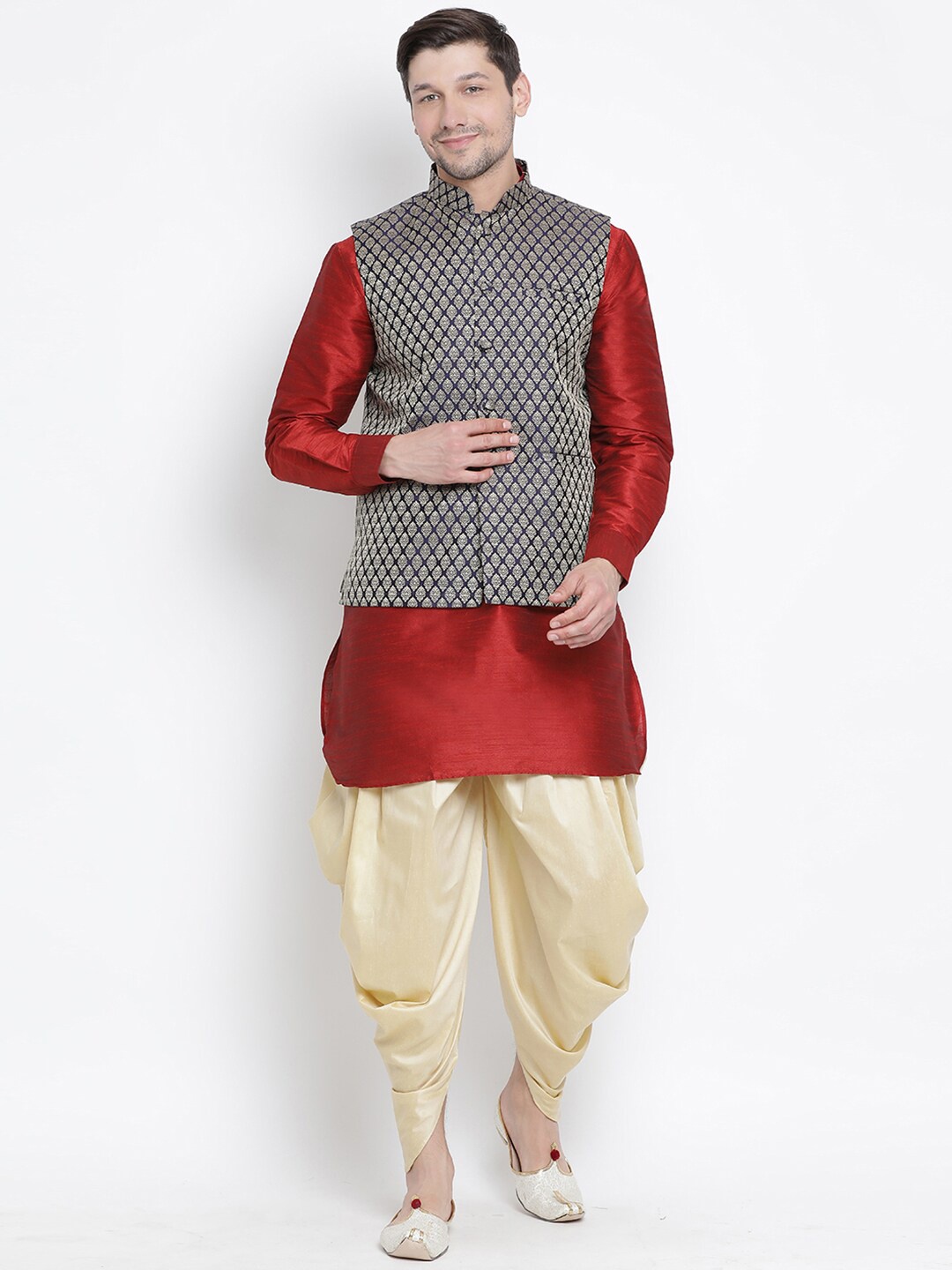 

VASTRAMAY Mandarin Collar Regular Kurta With Dhoti Pants & Nehru Jacket, Maroon