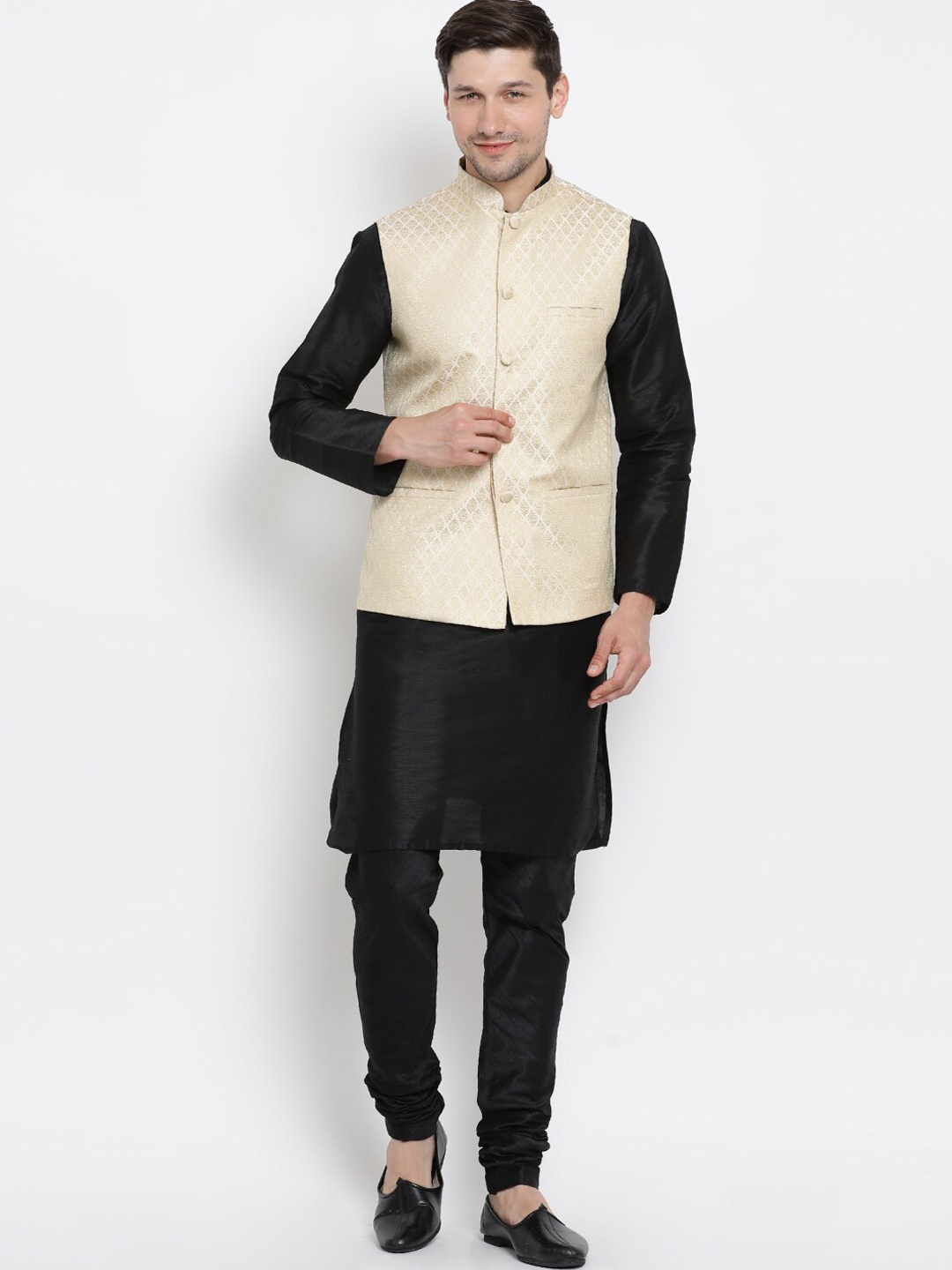 

VASTRAMAY Mandarin Collar Regular Kurta With Churidar & Nehru Jacket, Black