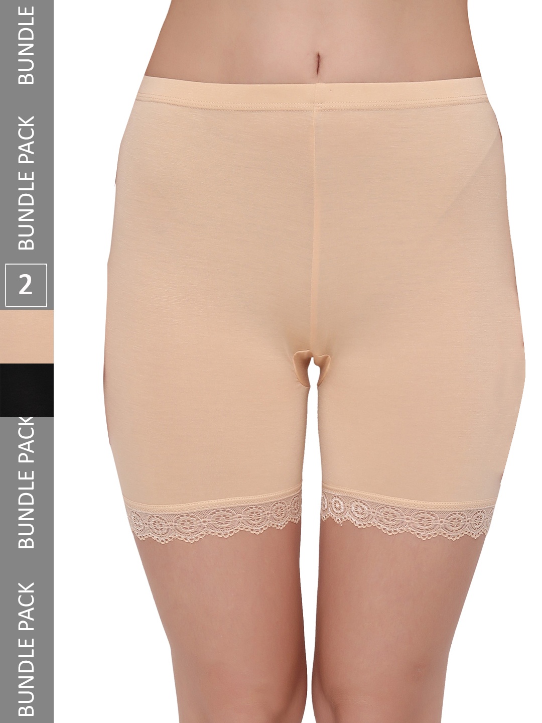 

PLUMBURY Women Pack Of 2 Mid-Rise Under Dress Shorts With Lace Edge, Black