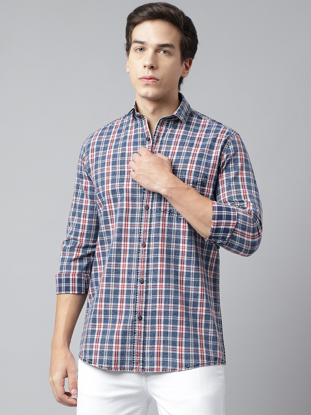 

Richlook Standard Tartan Checked Opaque Casual Shirt, Navy blue