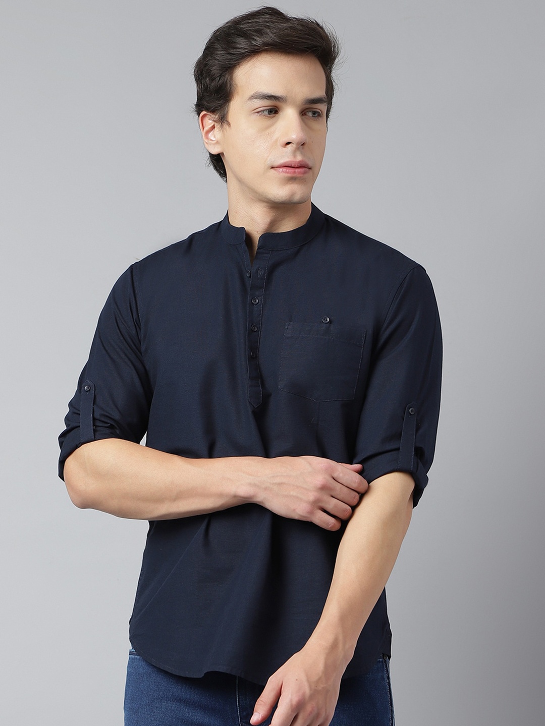 

Richlook Standard Mandarin Collar Opaque Casual Shirt, Navy blue