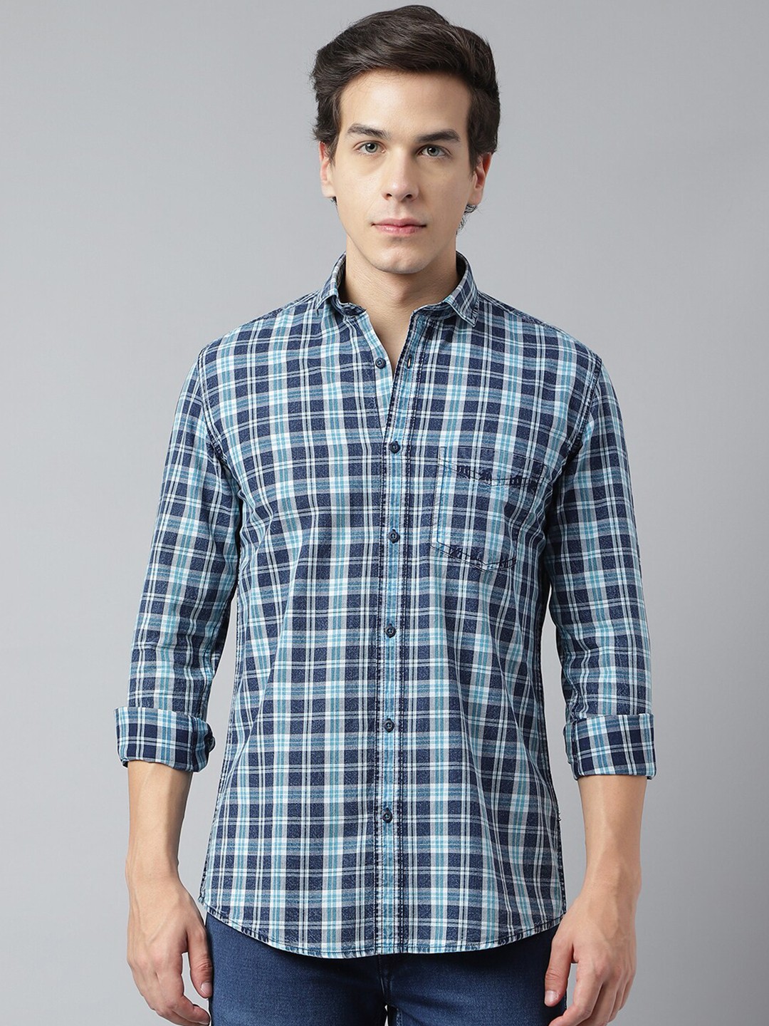 

Richlook Standard Tartan Checked Opaque Casual Shirt, Turquoise blue