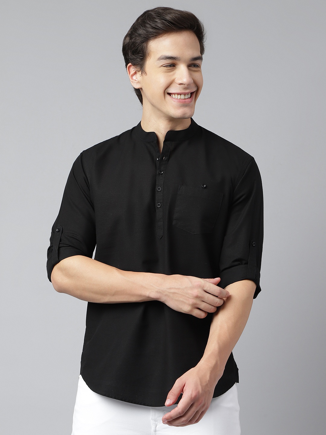 

Richlook Standard Mandarin Collar Opaque Casual Shirt, Black
