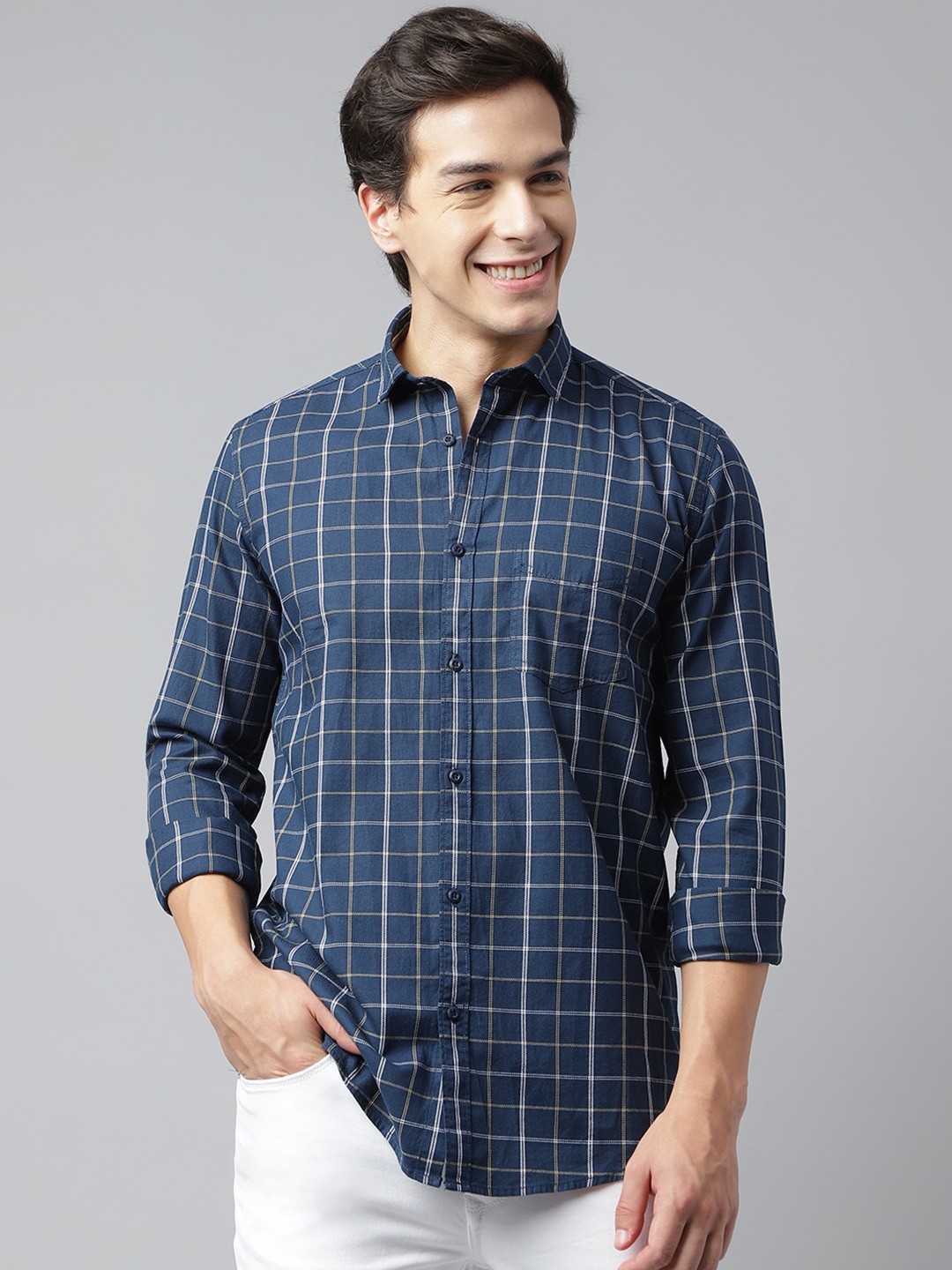 

Richlook Standard Tartan Checked Opaque Casual Shirt, Navy blue