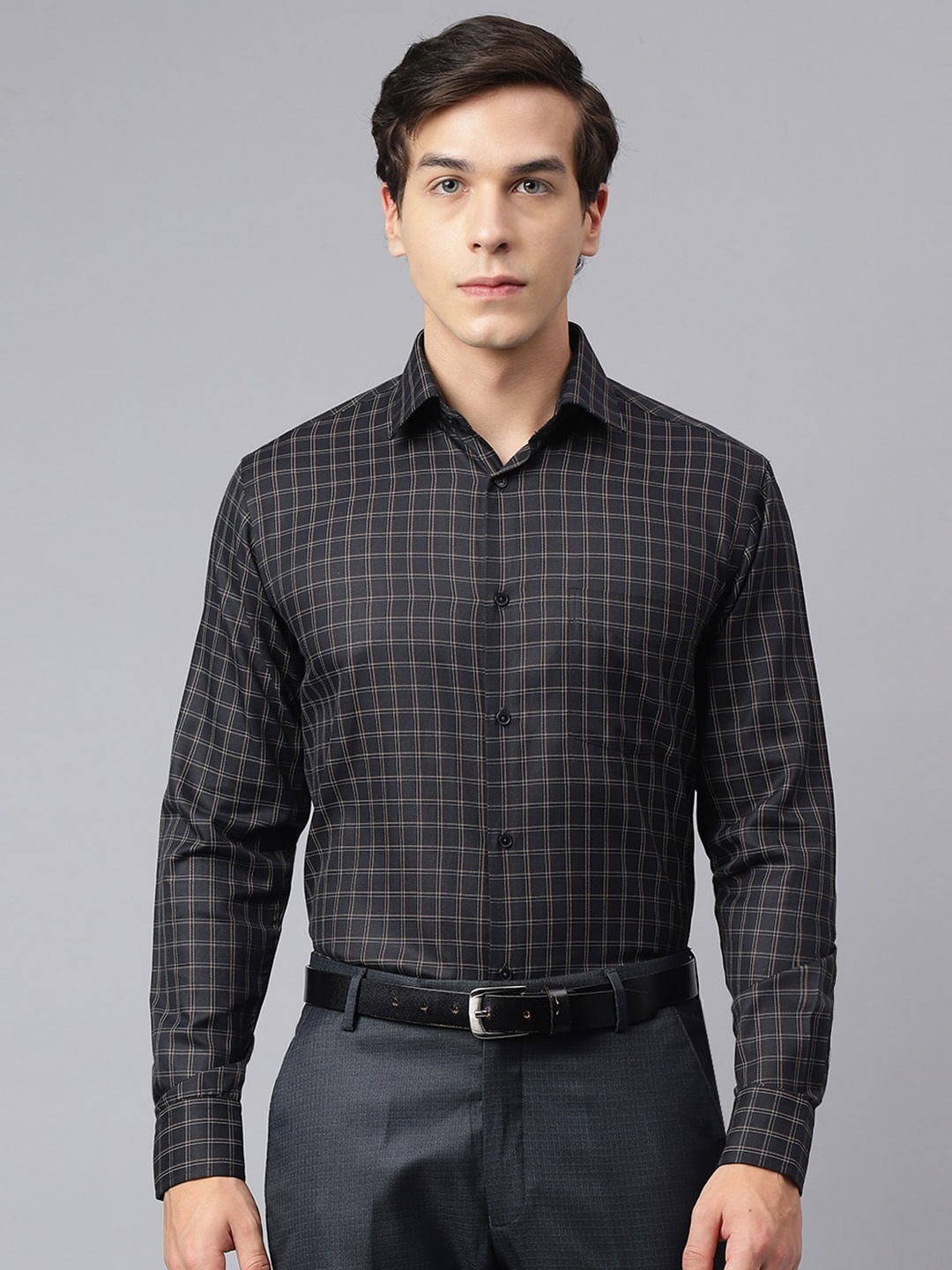 

Richlook Standard Opaque Grid Tattersall Checked Formal Shirt, Black