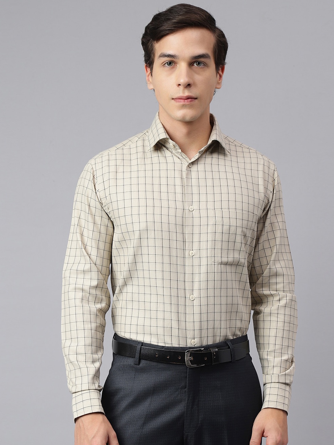 

Richlook Standard Grid Tattersall Checks Opaque Formal Shirt, Beige