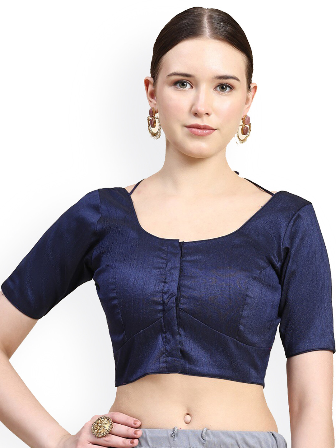 

Rudra Fashion Women Round Neck Non-Padded Silk Blouse, Navy blue