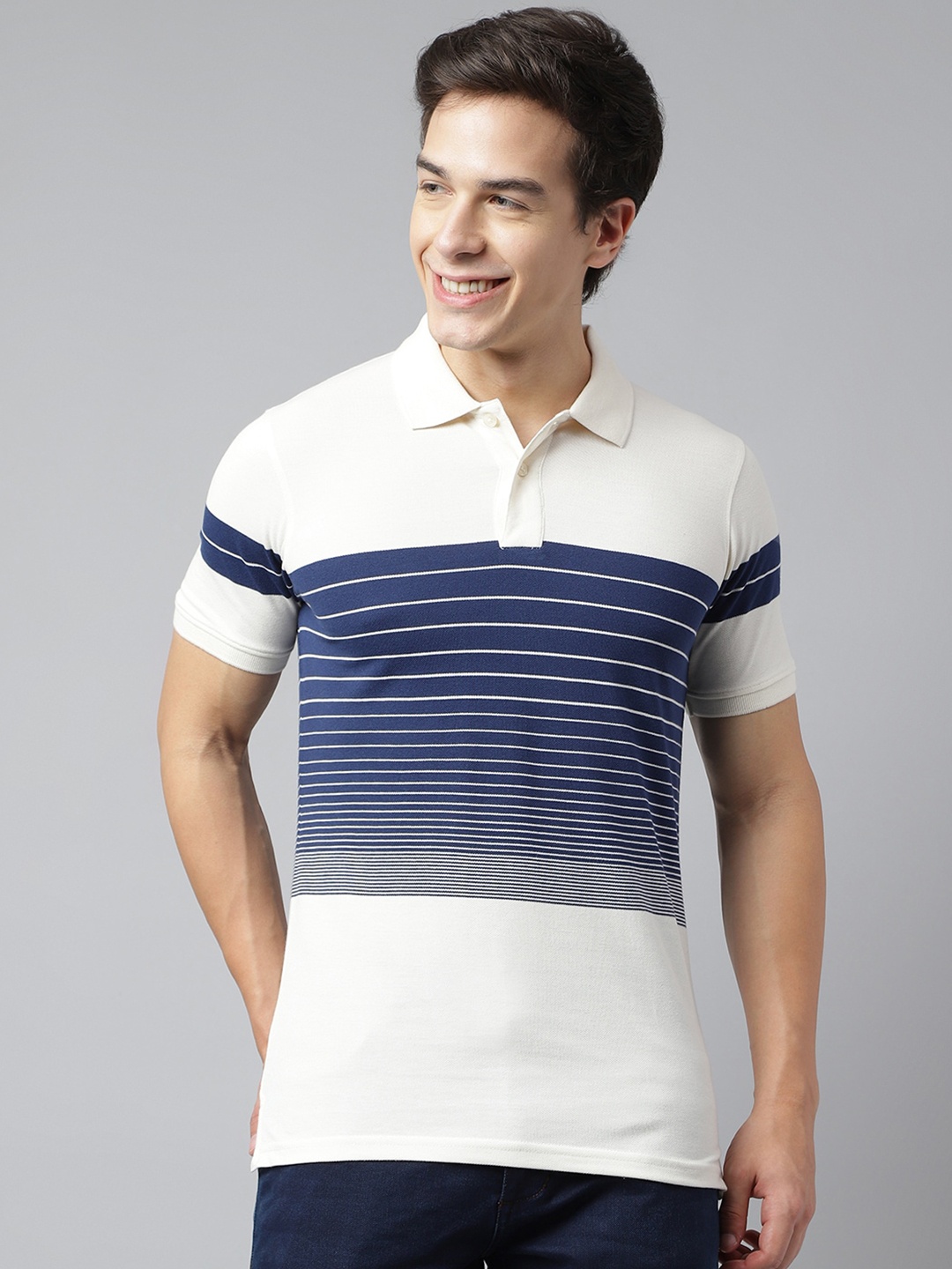 

Richlook Horizontal Striped Polo Collar Cotton T-Shirt, White
