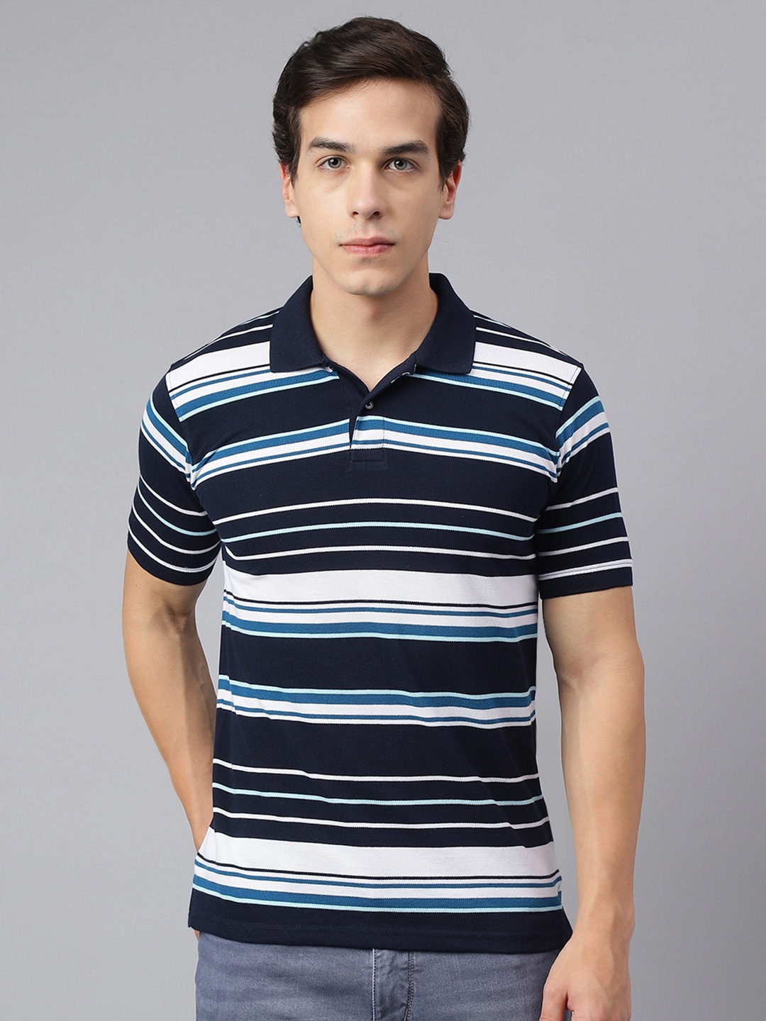 

Richlook Horizontal Striped Polo Collar Cotton T-Shirt, Navy blue