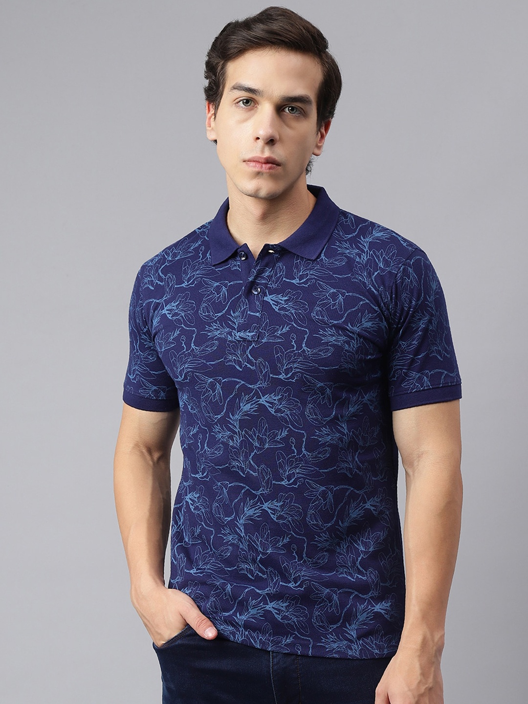 

Richlook Floral Printed Polo Collar Cotton T-Shirt, Blue