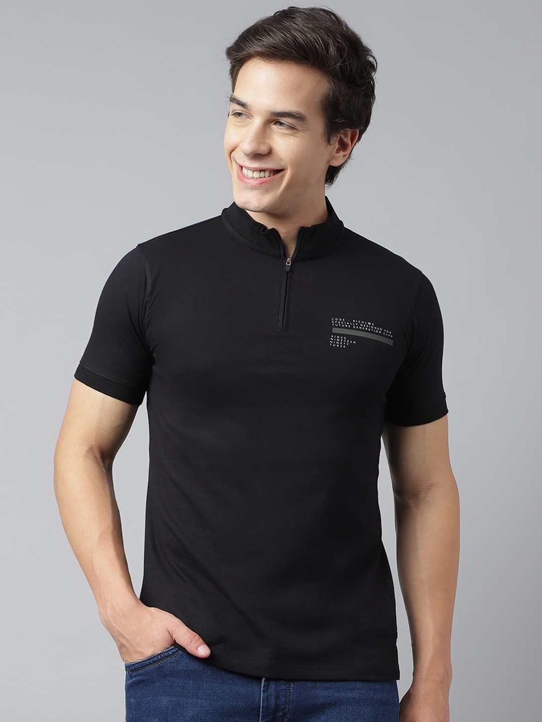 

Richlook Typography Printed Mandarin Collar Cotton T-Shirt, Black