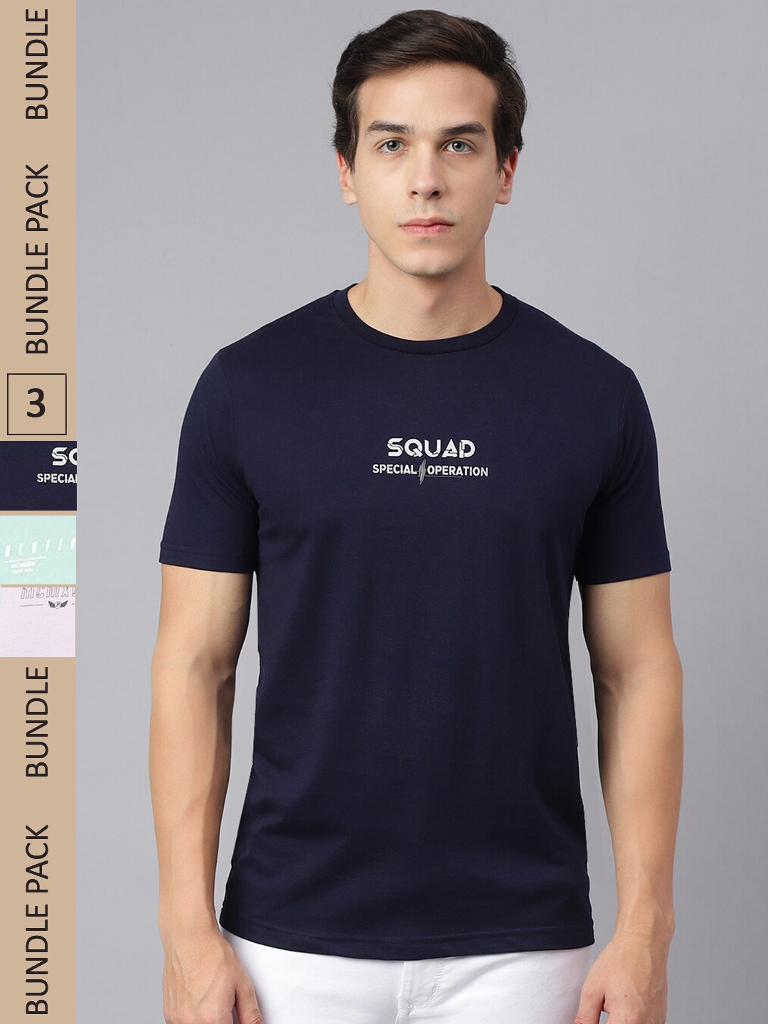 

Richlook Pack Of 3 Typography Printed Cotton T-Shirt, Navy blue