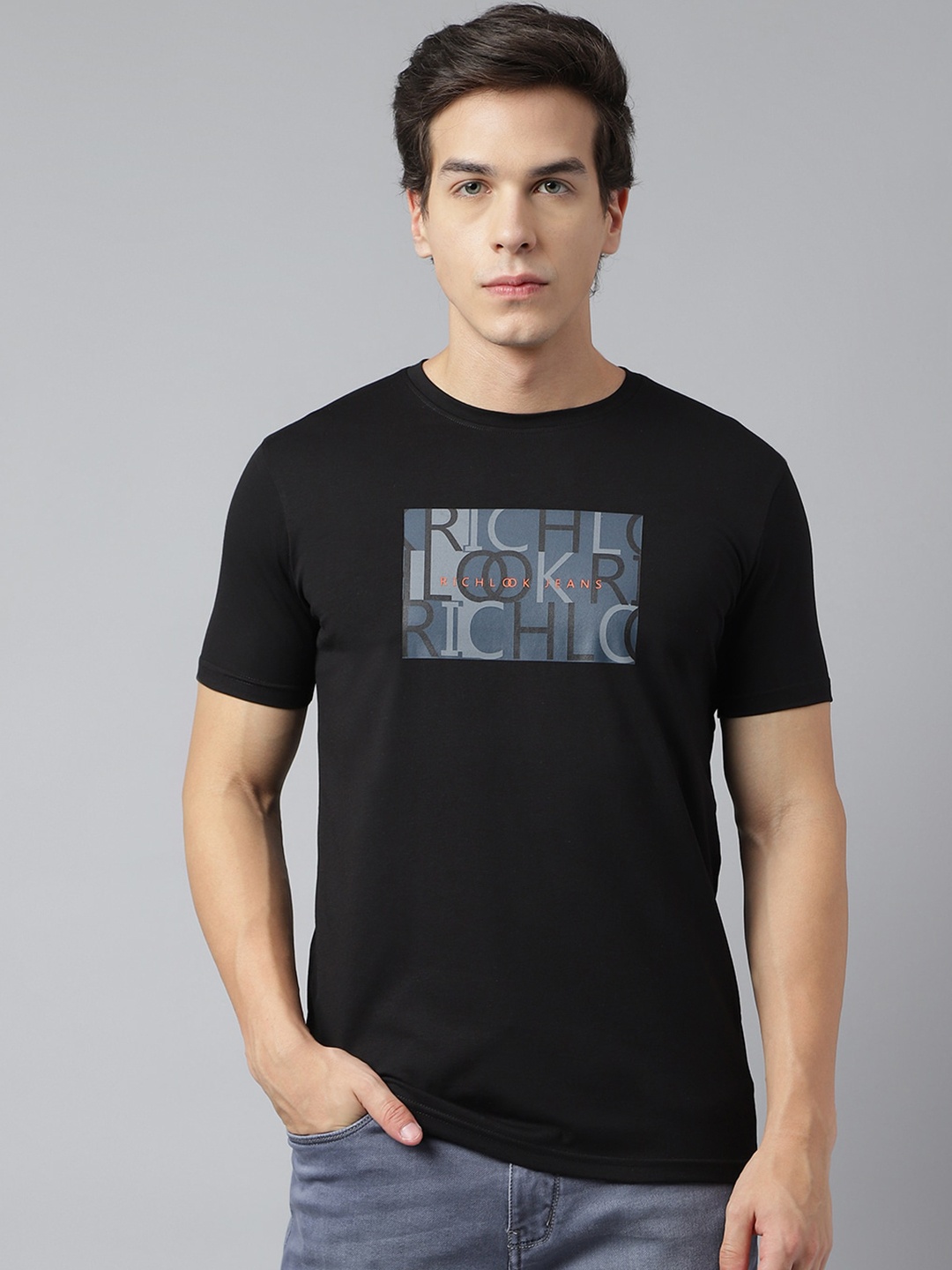 

Richlook Typography Printed Cotton T-Shirt, Black