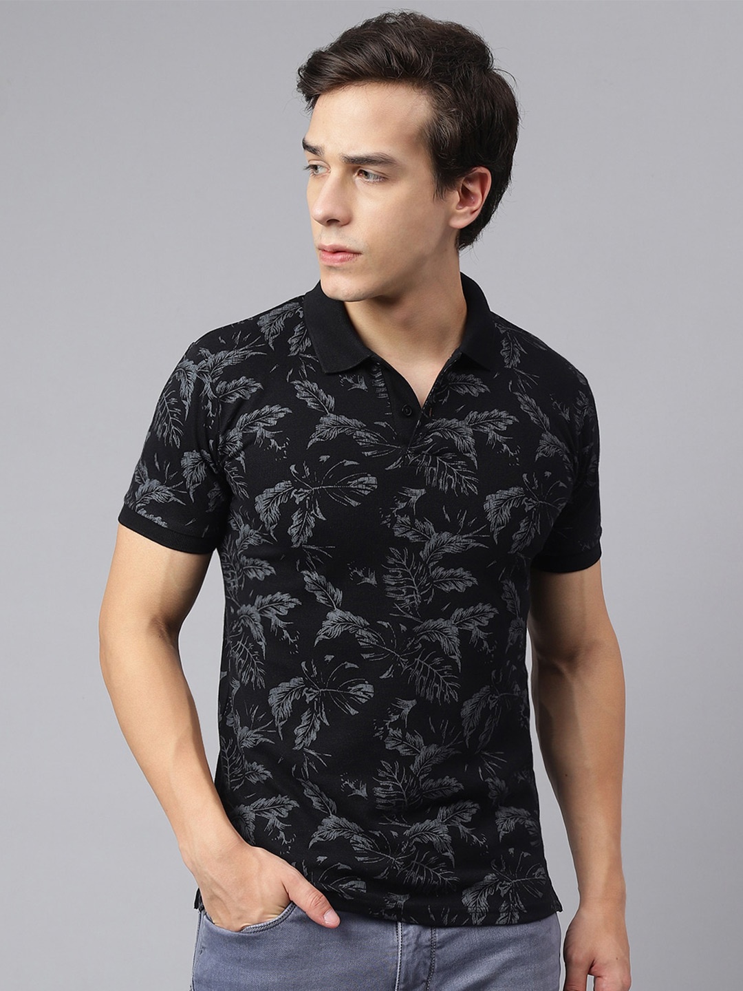 Richlook Floral Printed Polo Collar Cotton T-Shirt, Black