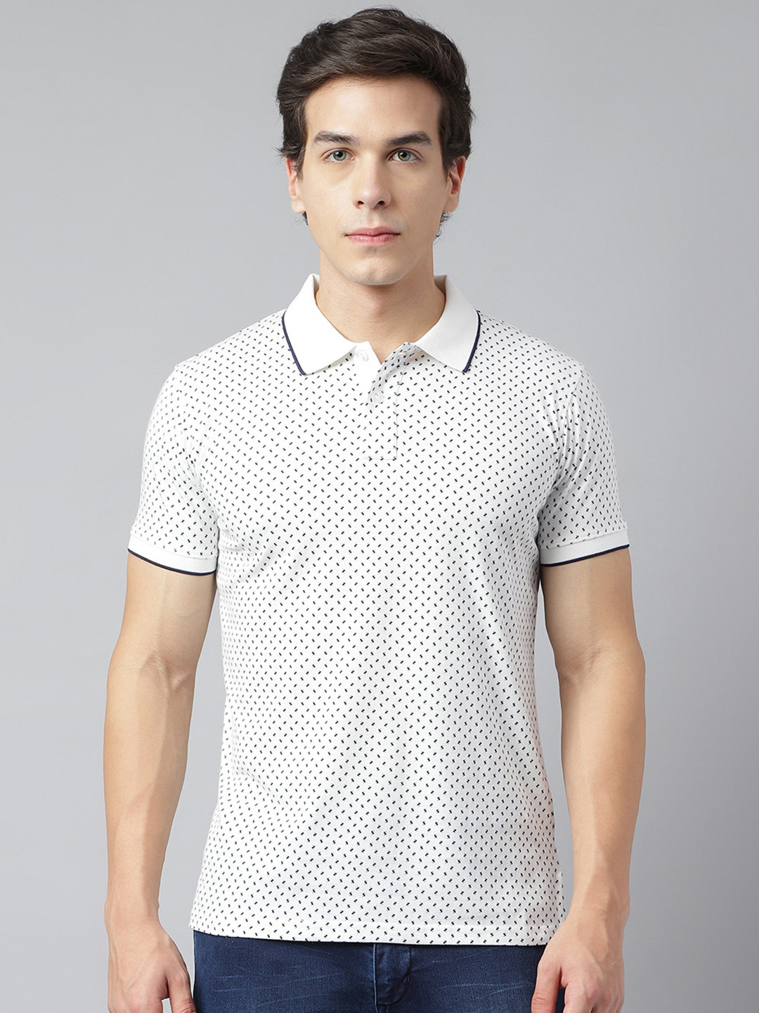 

Richlook Micro Ditsy Printed Polo Collar Cotton T-Shirt, White