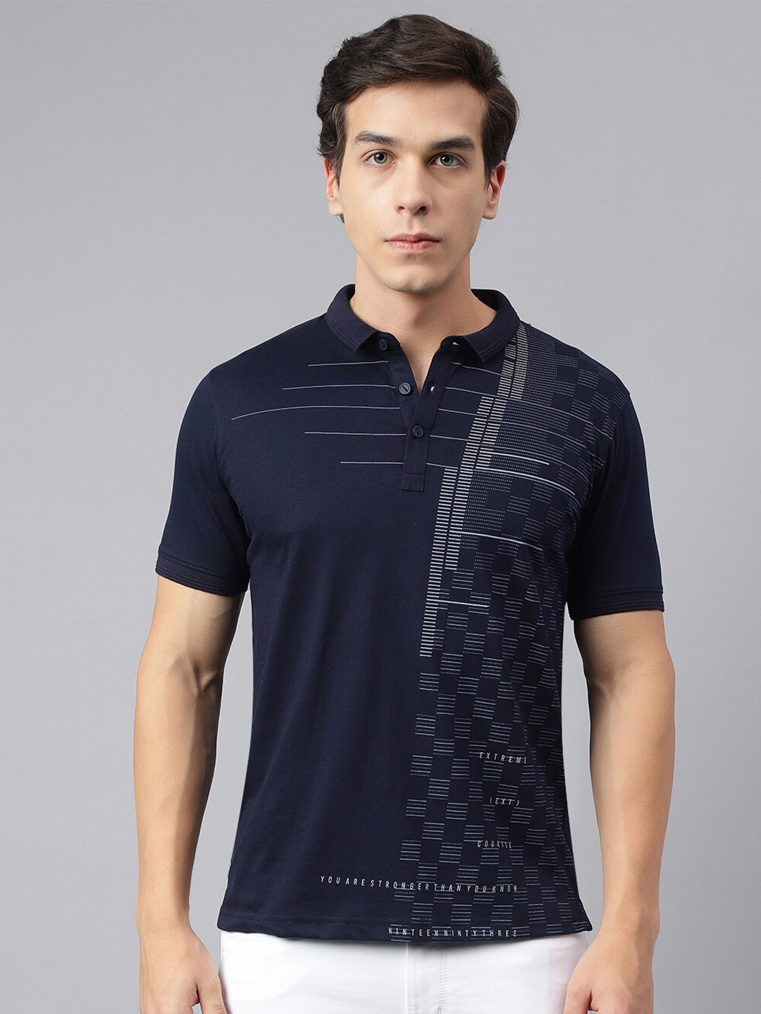 

Richlook Horizontal Striped Polo Collar Cotton T-Shirt, Navy blue