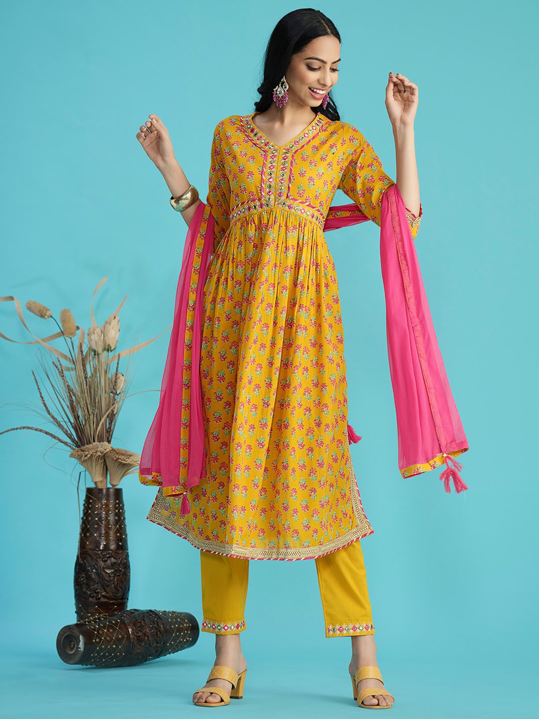 

Sangria Floral Printed Mirror Work Pure Cotton Anarkali Kurta With Trouser & Dupatta, Mustard