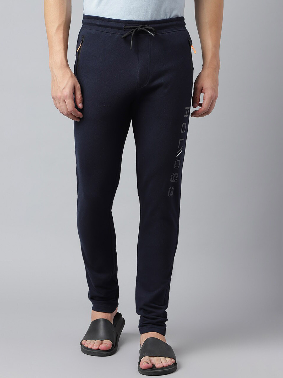 

Richlook Men Mid-Rise Typography Printed Cotton Track Pants, Navy blue