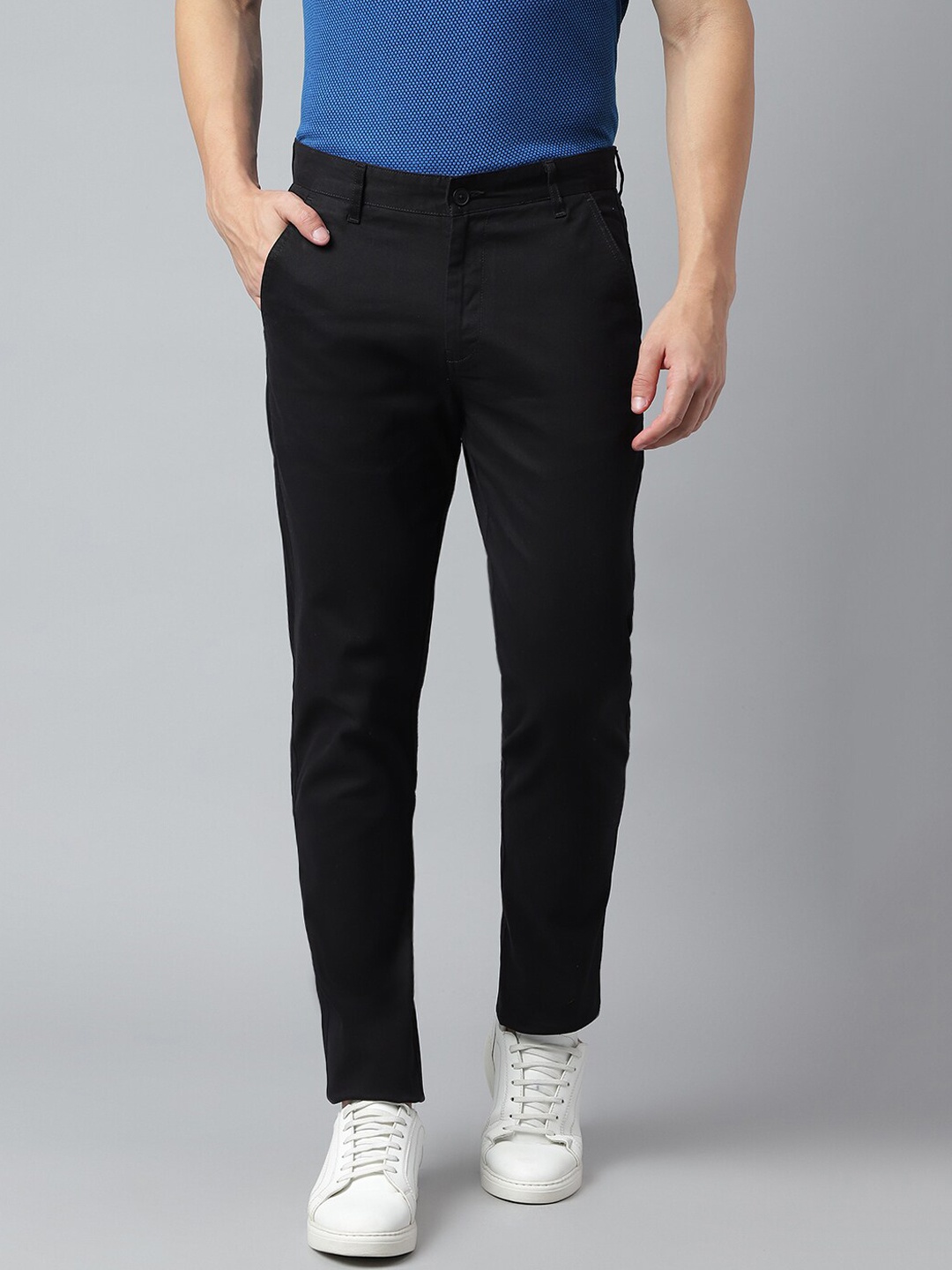 

Richlook Men Mid Rise Plain Chinos Trousers, Black