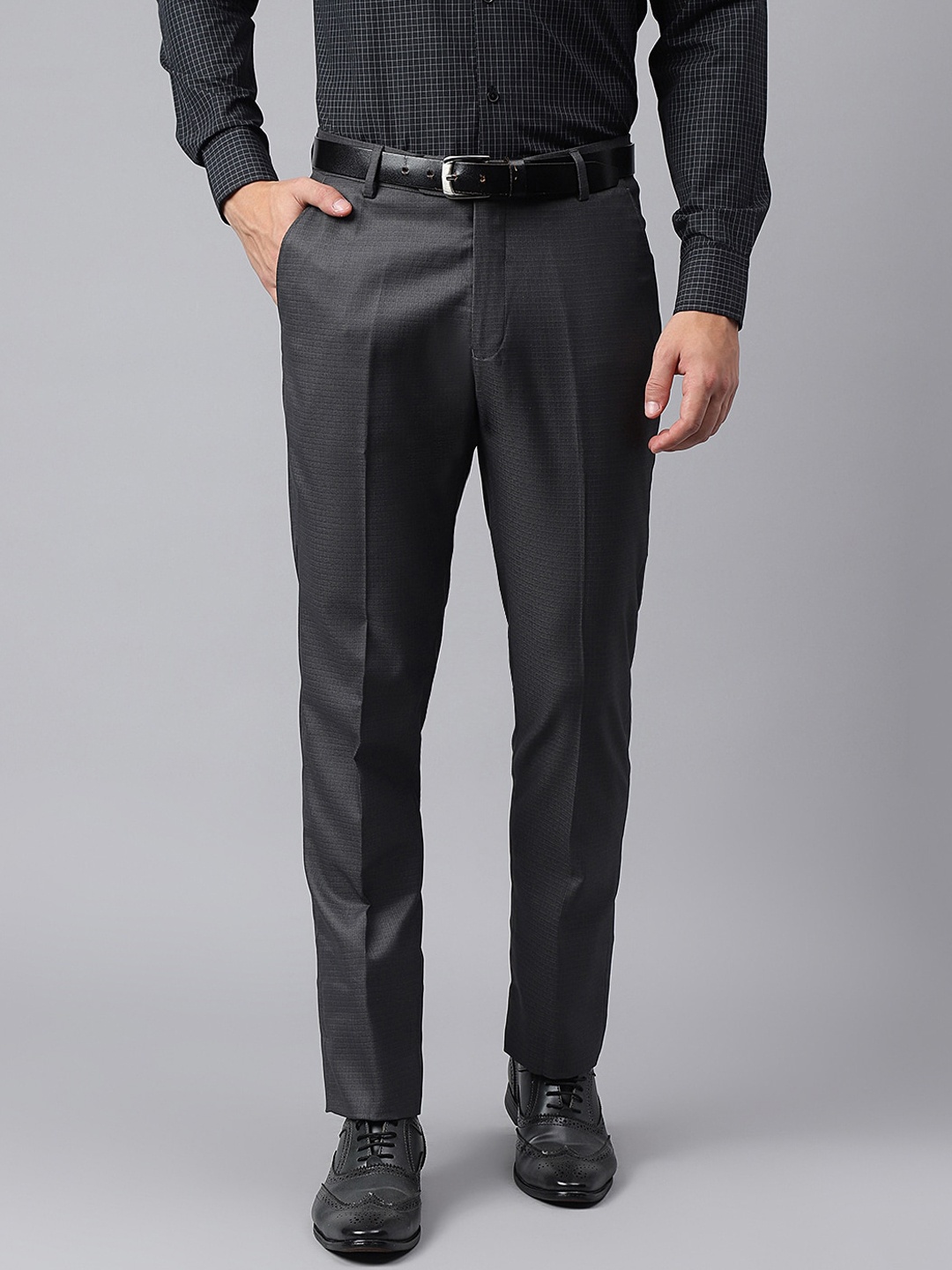 

Richlook Men Textured Self Design Smart Straight Fit Formal Trousers, Grey
