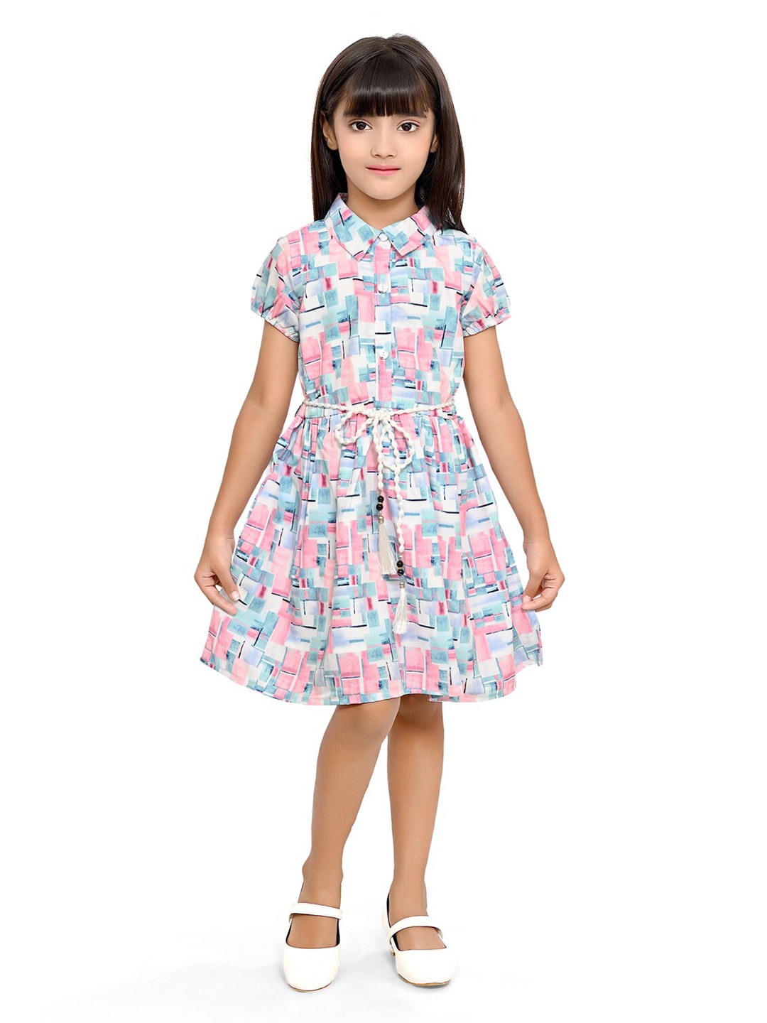 

Doodle Girls Geometric Printed Satin Fit & Flare Dress With Belt, Pink