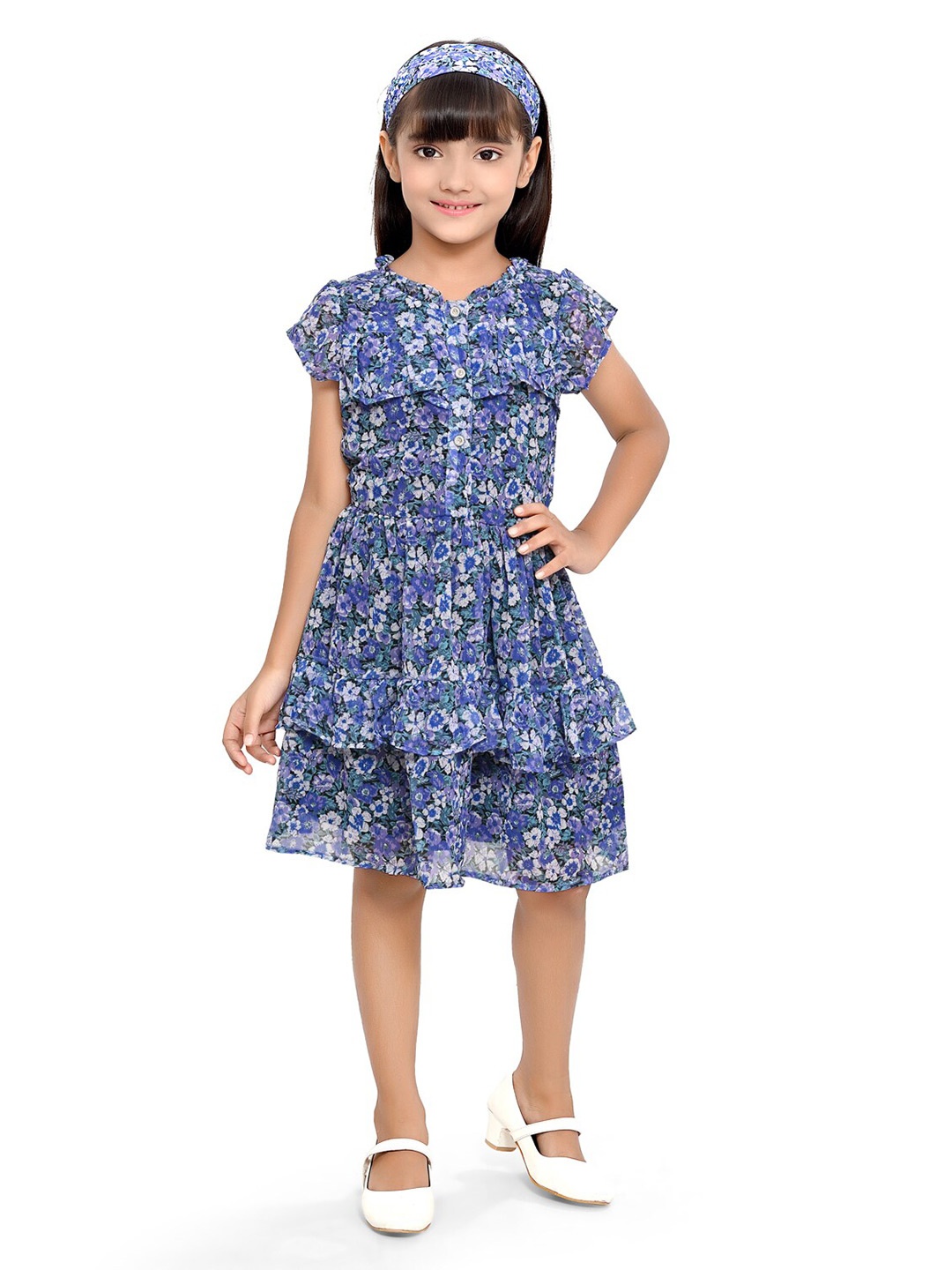 

Doodle Girls Floral Printed Ruffled Fit & Flare Dress With Hairband, Blue