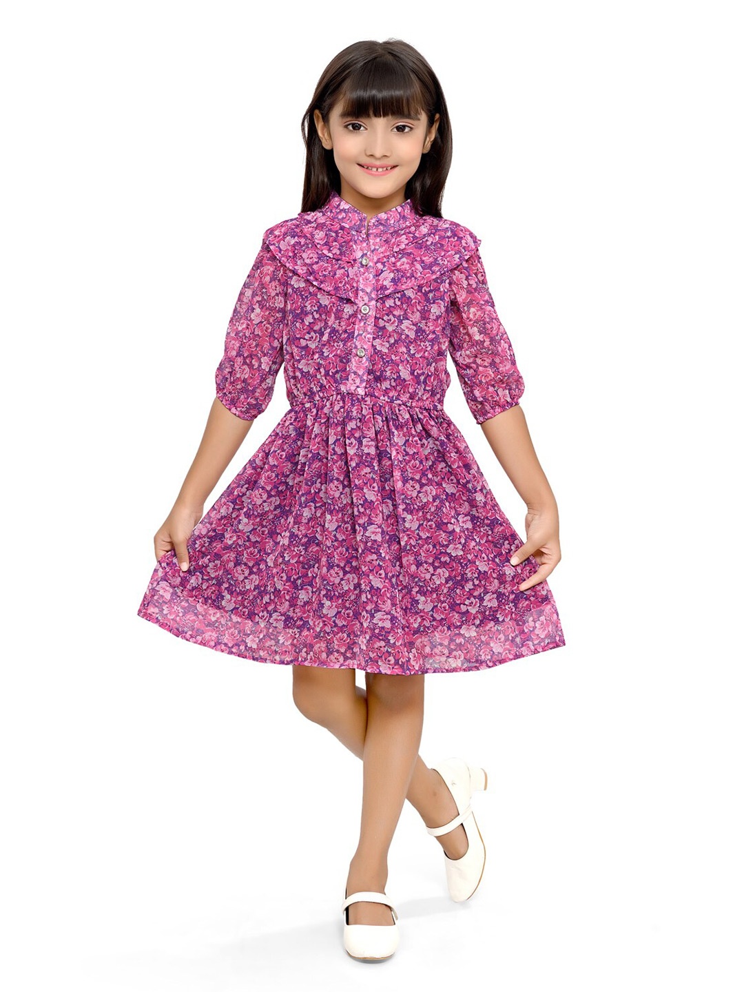 

Doodle Girls Floral Printed Ruffled Fit & Flare Dress, Pink