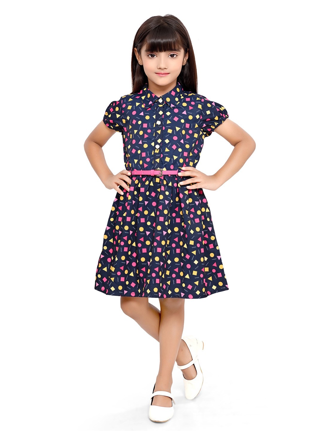 

Doodle Girls Geometric Printed Satin Fit & Flare Dress With Belt, Navy blue