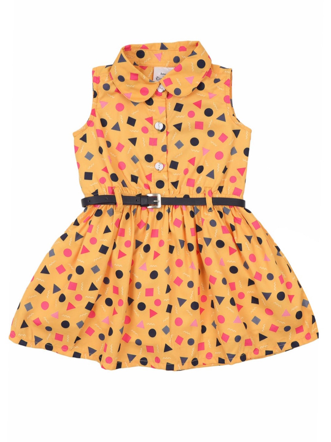 

Doodle Girls Geometric Printed Satin Fit & Flare Dress With Belt, Mustard