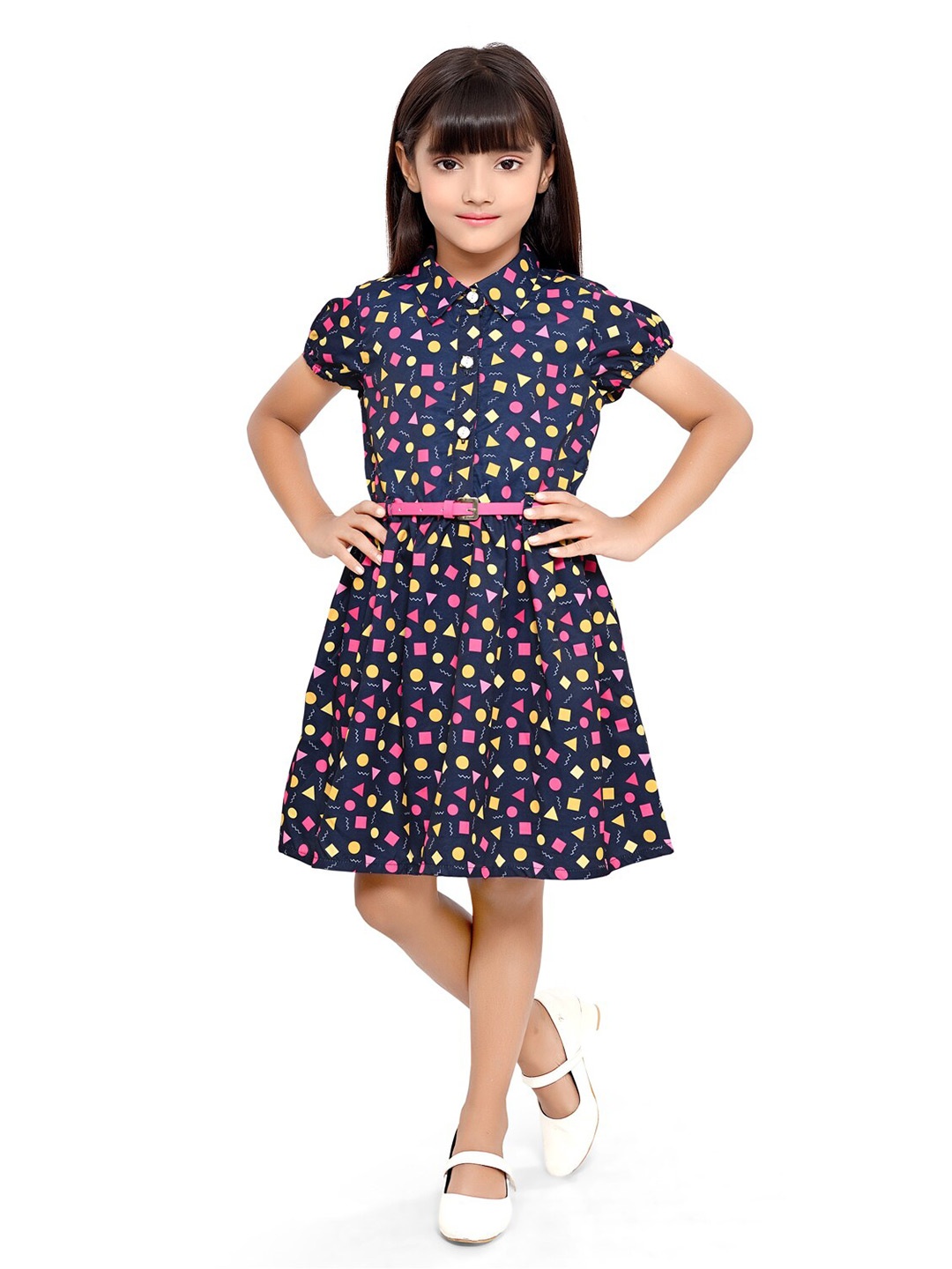 

Doodle Girls Geometric Printed Satin Fit & Flare Dress With Belt, Navy blue