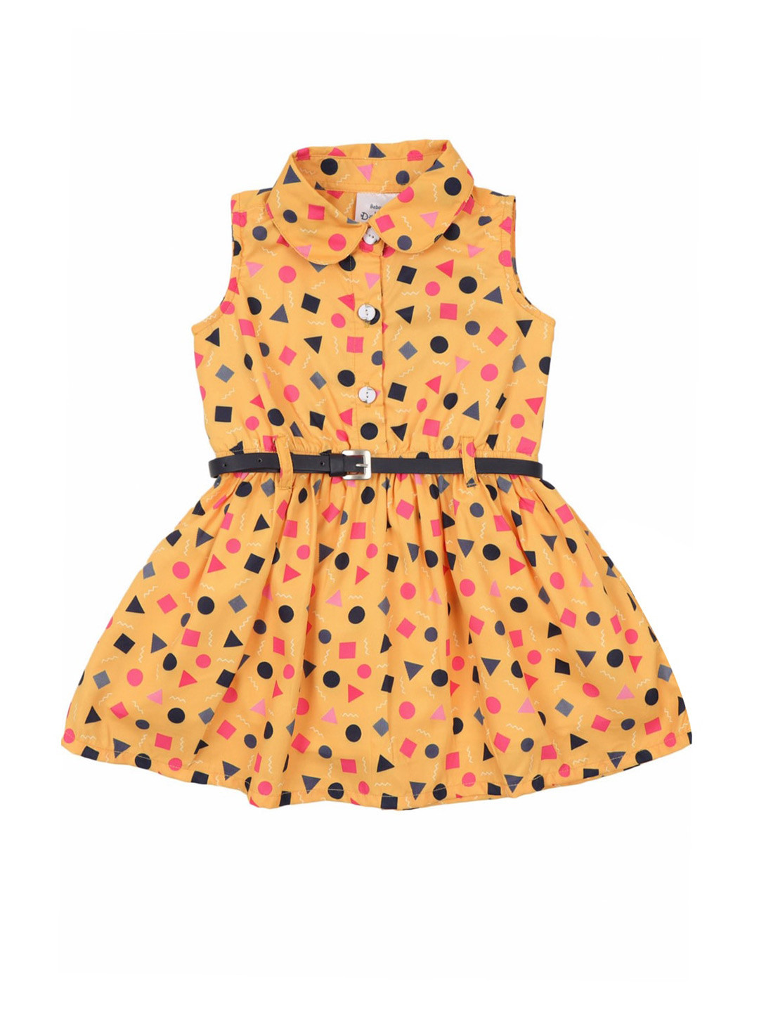 

Doodle Girls Geometric Printed Satin Fit & Flare Dress With Belt, Mustard
