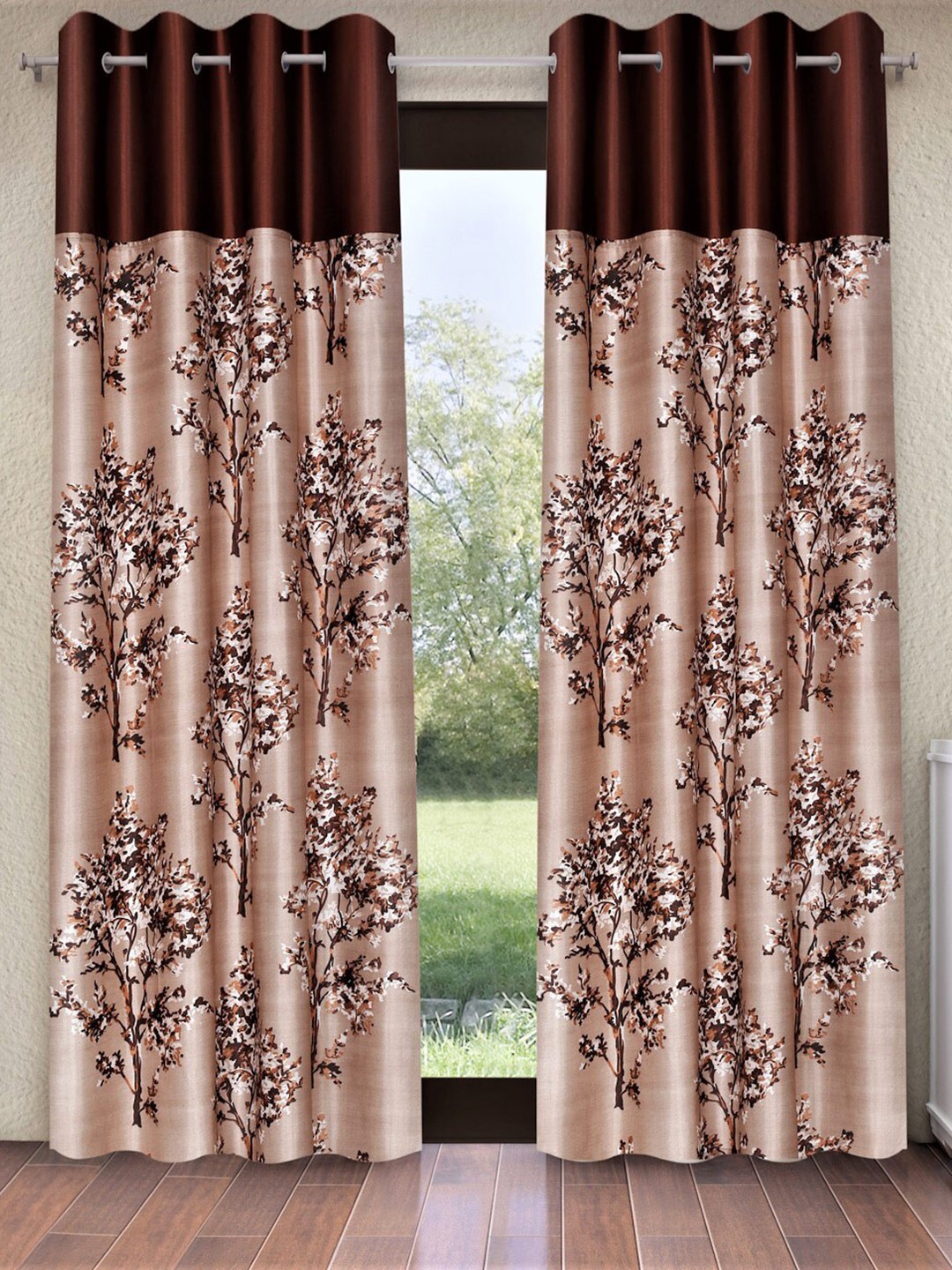 

Fashion String Brown & White 2 Pieces Floral Printed Window Curtains