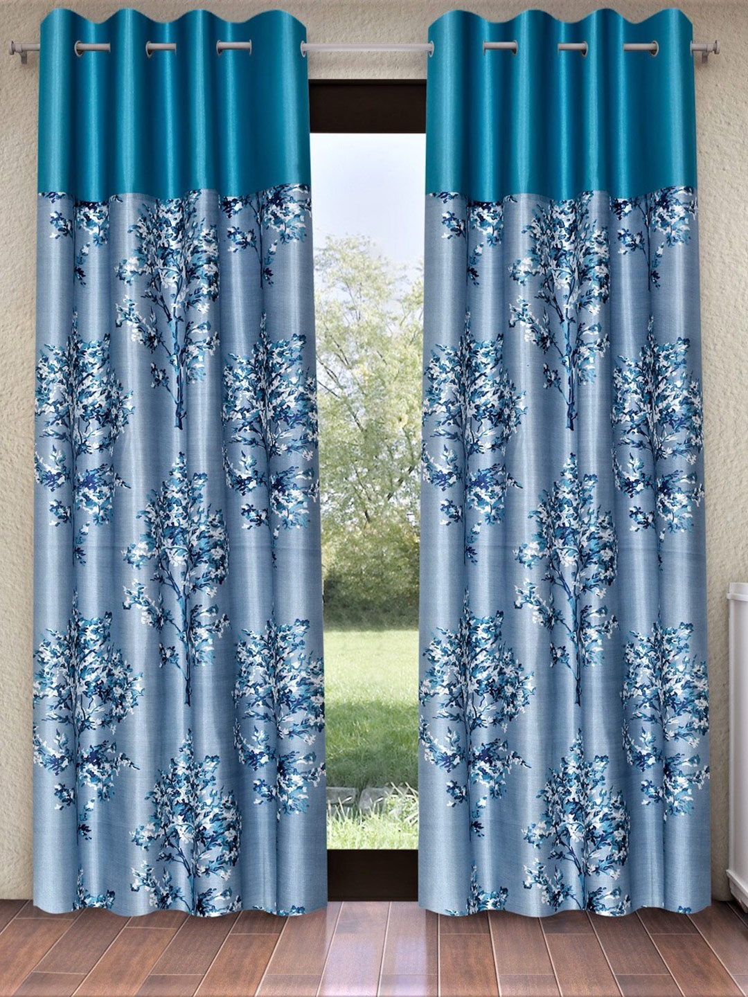 

Fashion String Blue & White 2 Pieces Floral Printed Long Door Curtains