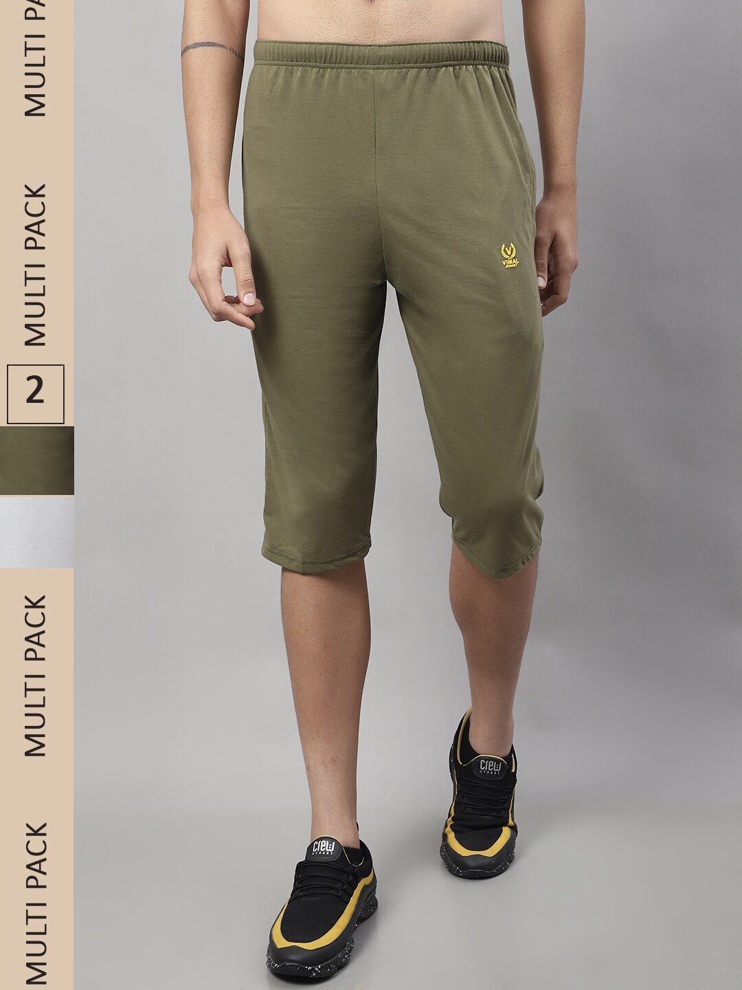 

VIMAL JONNEY Men Pack Of 2 Cotton Sports Shorts, Olive