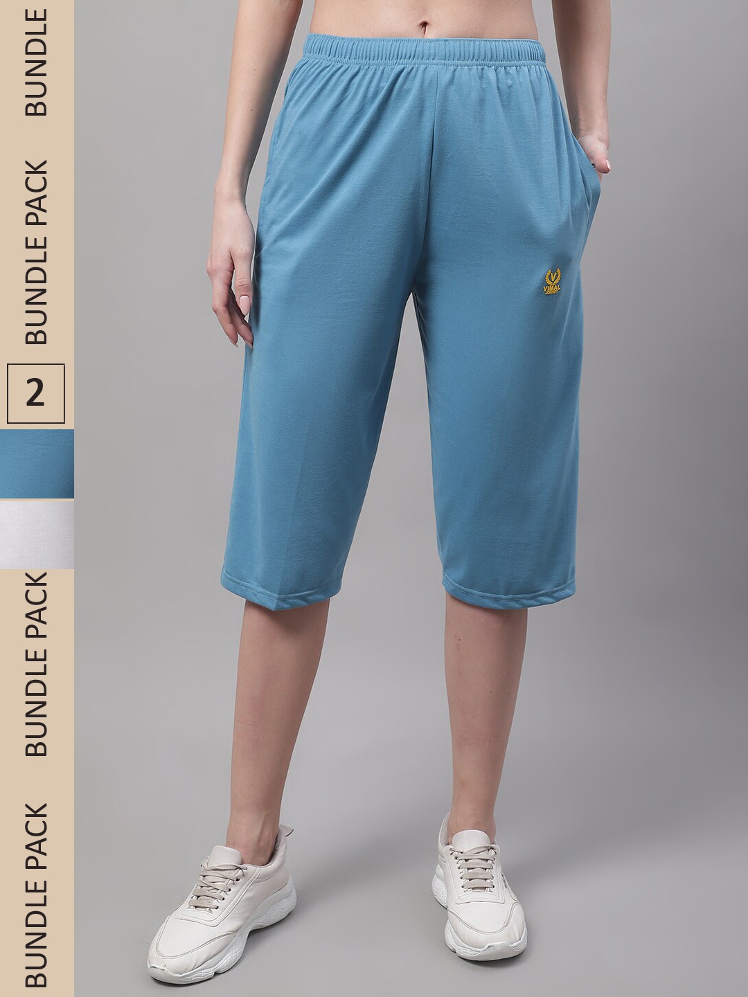 

VIMAL JONNEY Pack of 2 Women Cotton Capris, Blue