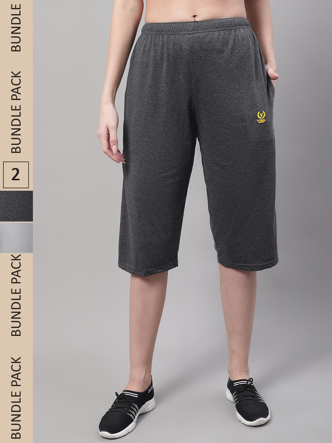

VIMAL JONNEY Women Pack of 2 Women Cotton Capris, Grey melange