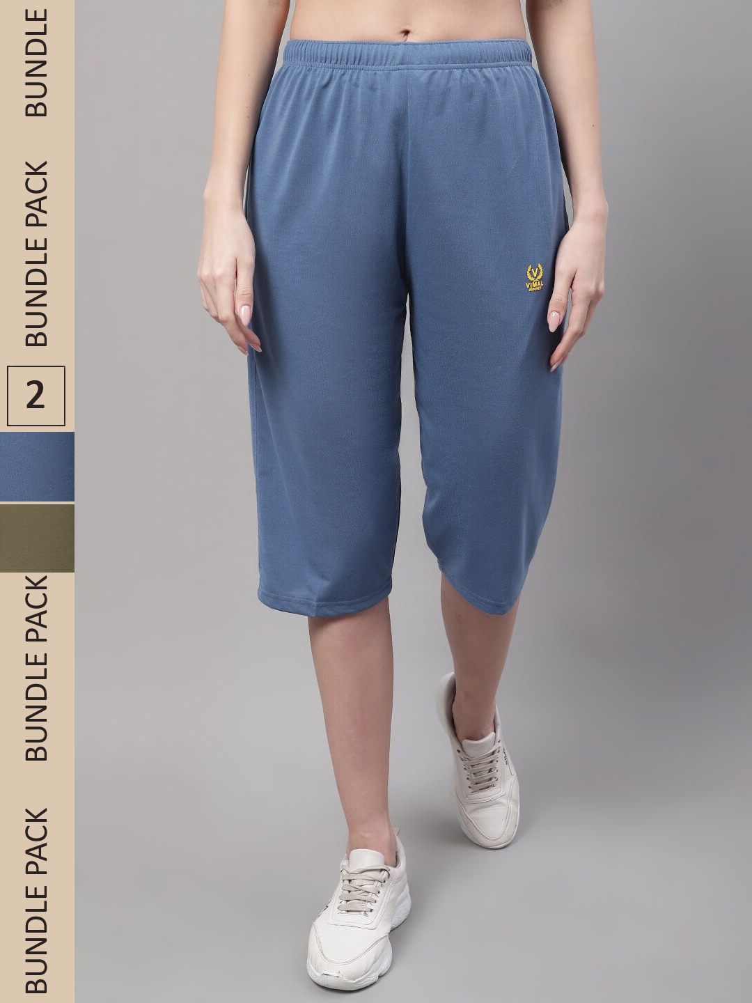 

VIMAL JONNEY Women Pack of 2 Mid-Rise Cotton Capris, Blue
