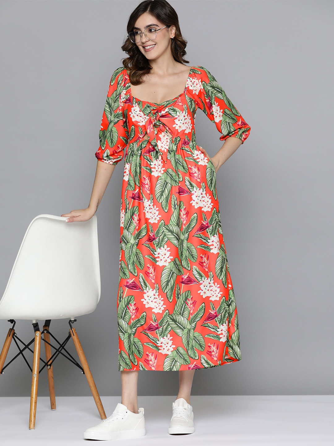 

Mast & Harbour Floral Print Puff Sleeve Satin A-Line Midi Dress, Orange