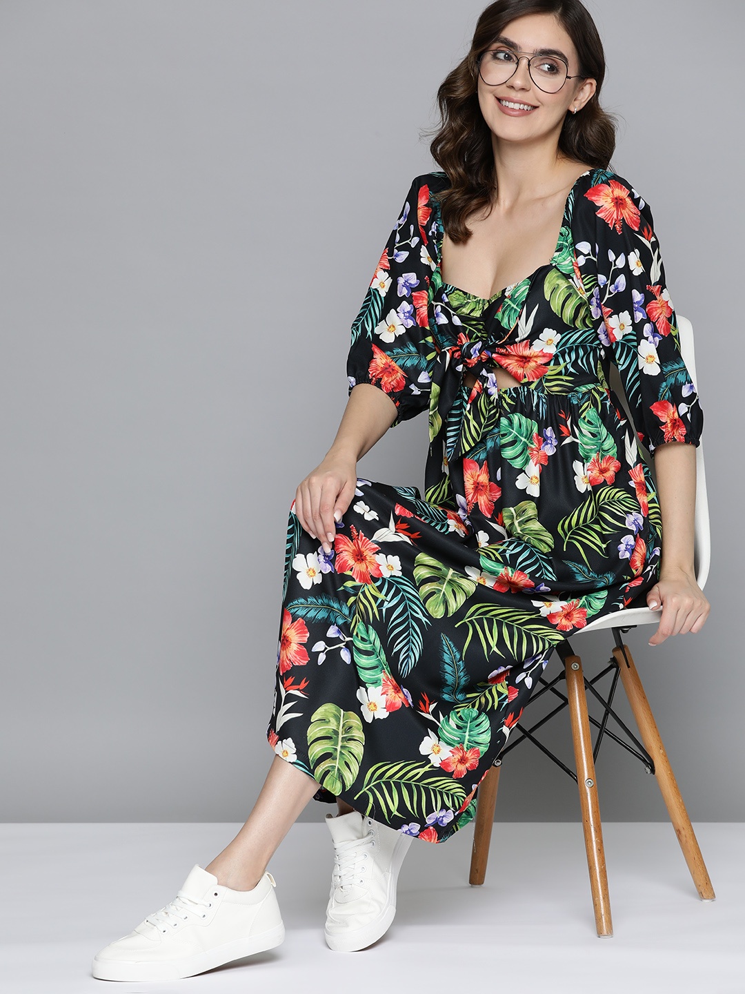

Mast & Harbour Floral Print Puff Sleeves Smocked Satin Midi Dress With Tie Up Detail, Black