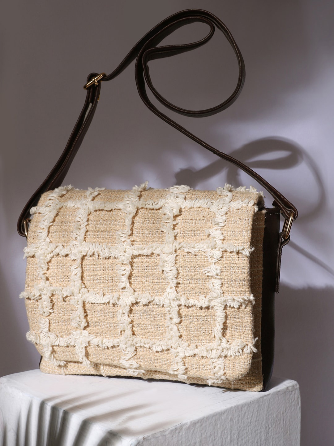 

DEEBACO Checked Embroidered Structured Sling Bag, Beige