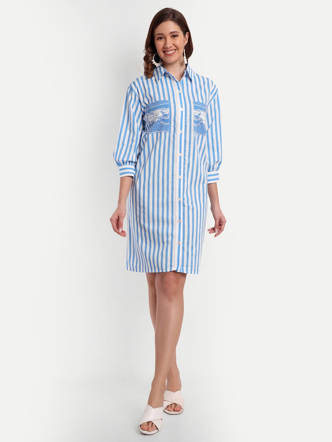 

Sttavoss Shirt Collar Pure Cotton Striped Shirt Dress, Blue
