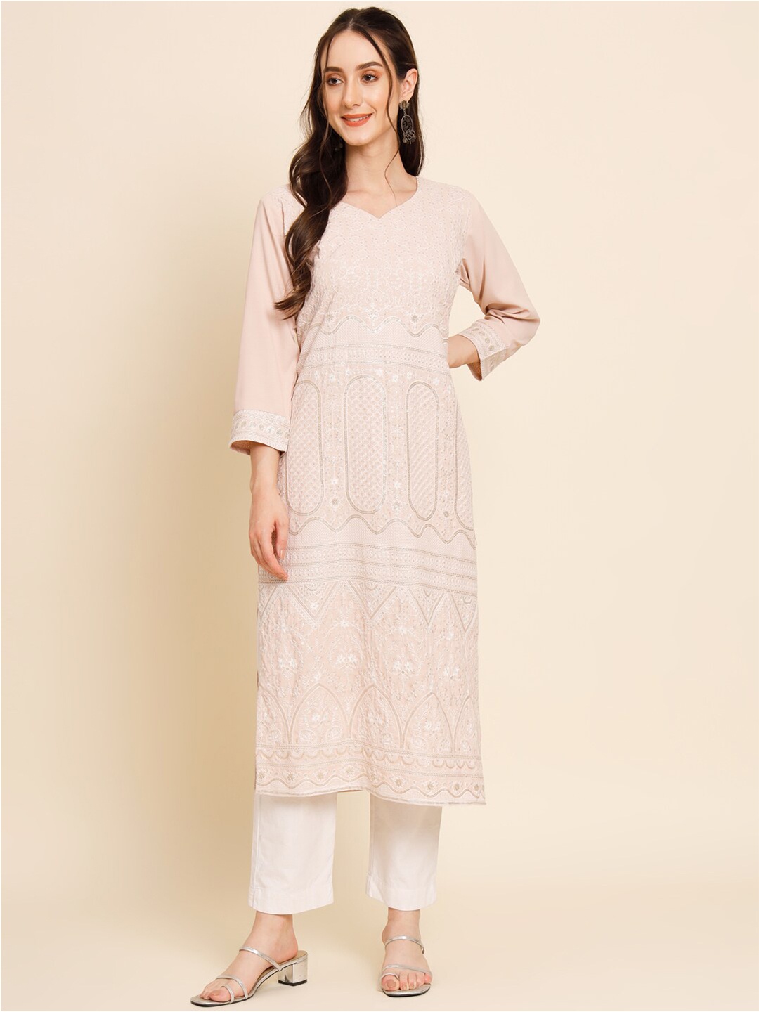 

HERE&NOW Pink & White V-Neck Ethnic Motifs Embroidered Sequined Straight Kurta