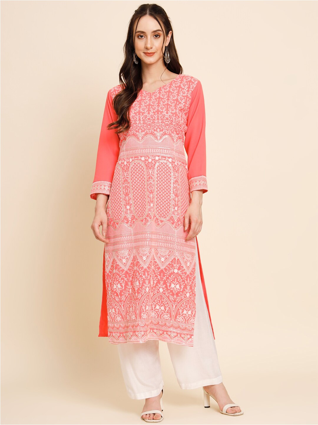 

HERE&NOW Ethnic Motifs Embroidered V-Neck Kurta, Peach