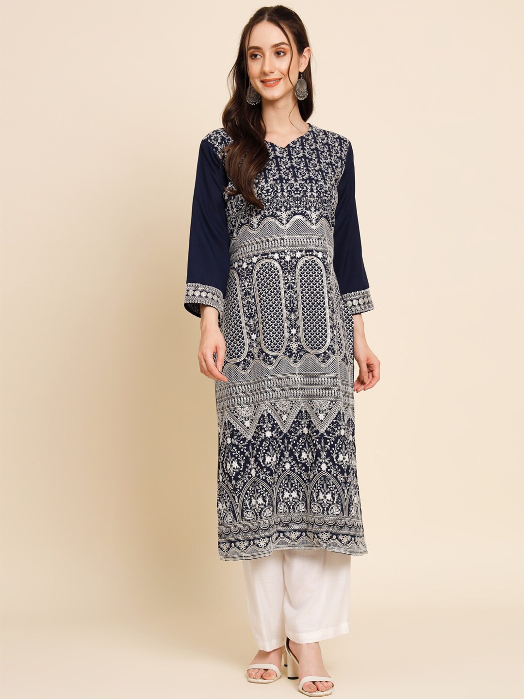 

HERE&NOW Ethnic Motifs Embroidered Sequined Kurta, Navy blue