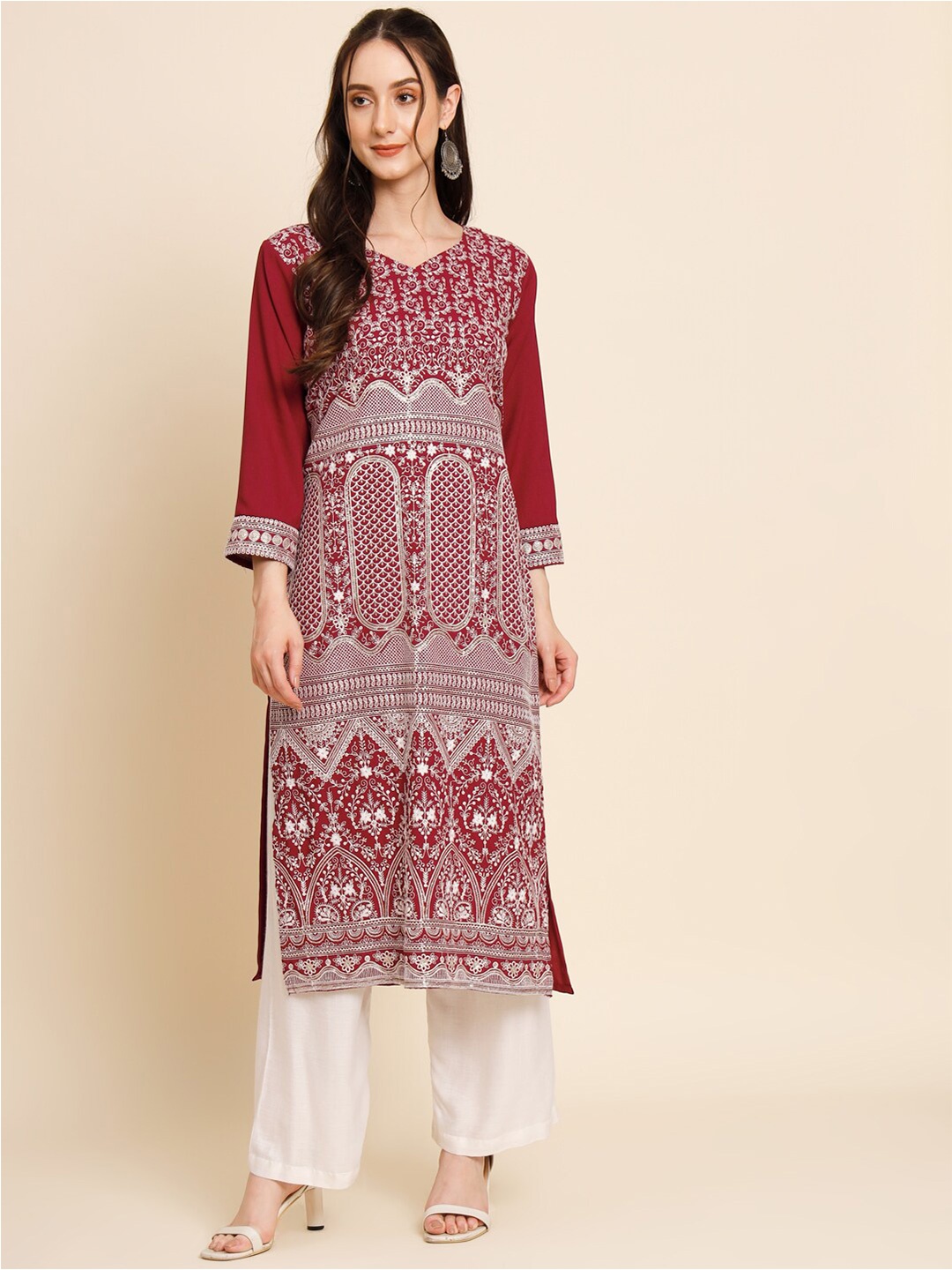 

HERE&NOW Red & White Ethnic Motifs Embroidered Sequinned Straight Kurta