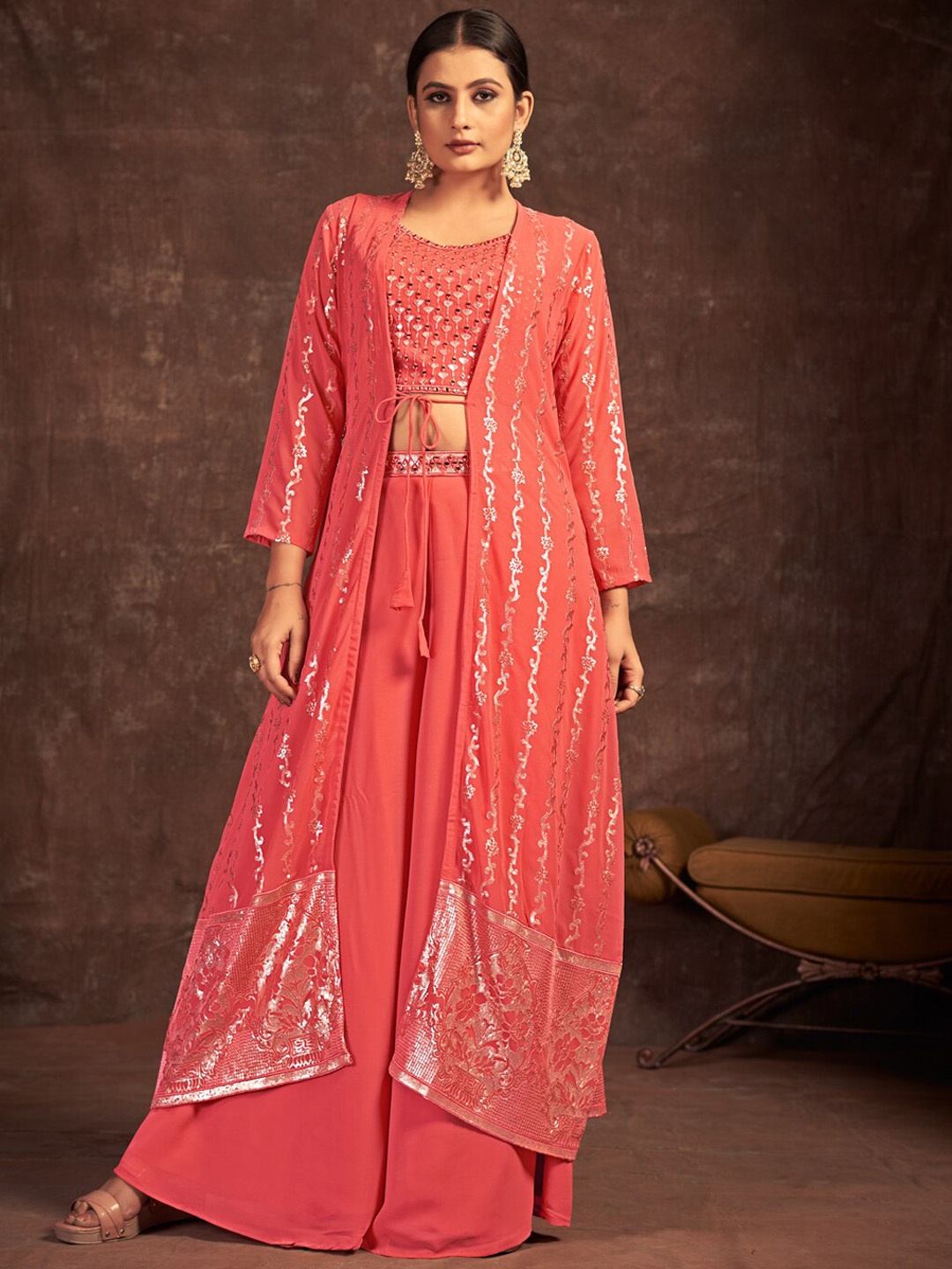 

Fusionic Sequinned & Mirror-Work Crop Top with Palazzos & Ethnic Jacket, Coral