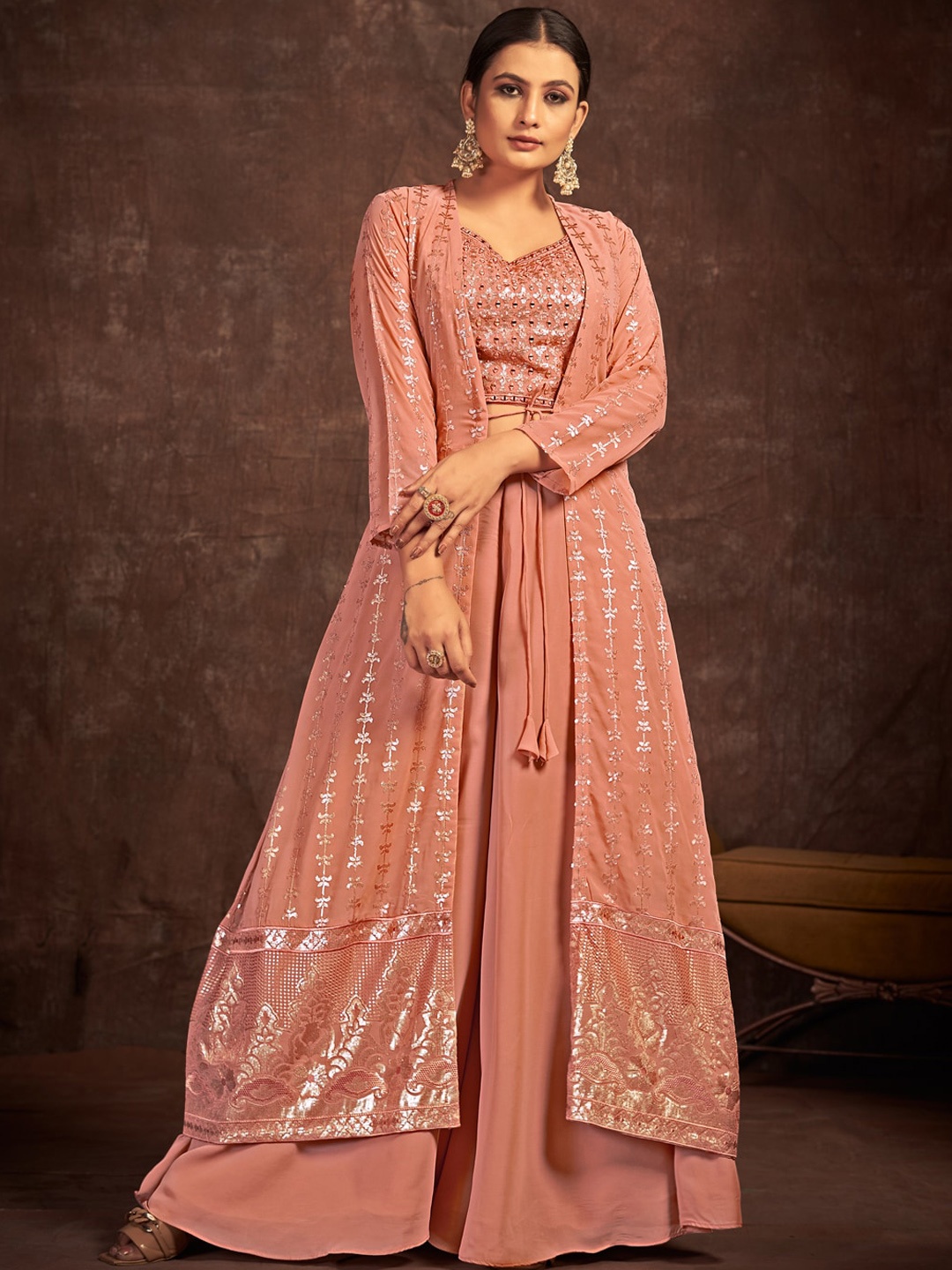 

Fusionic Embellished Round Neck Crop Top With Palazzos & Jacket Co-Ords, Peach