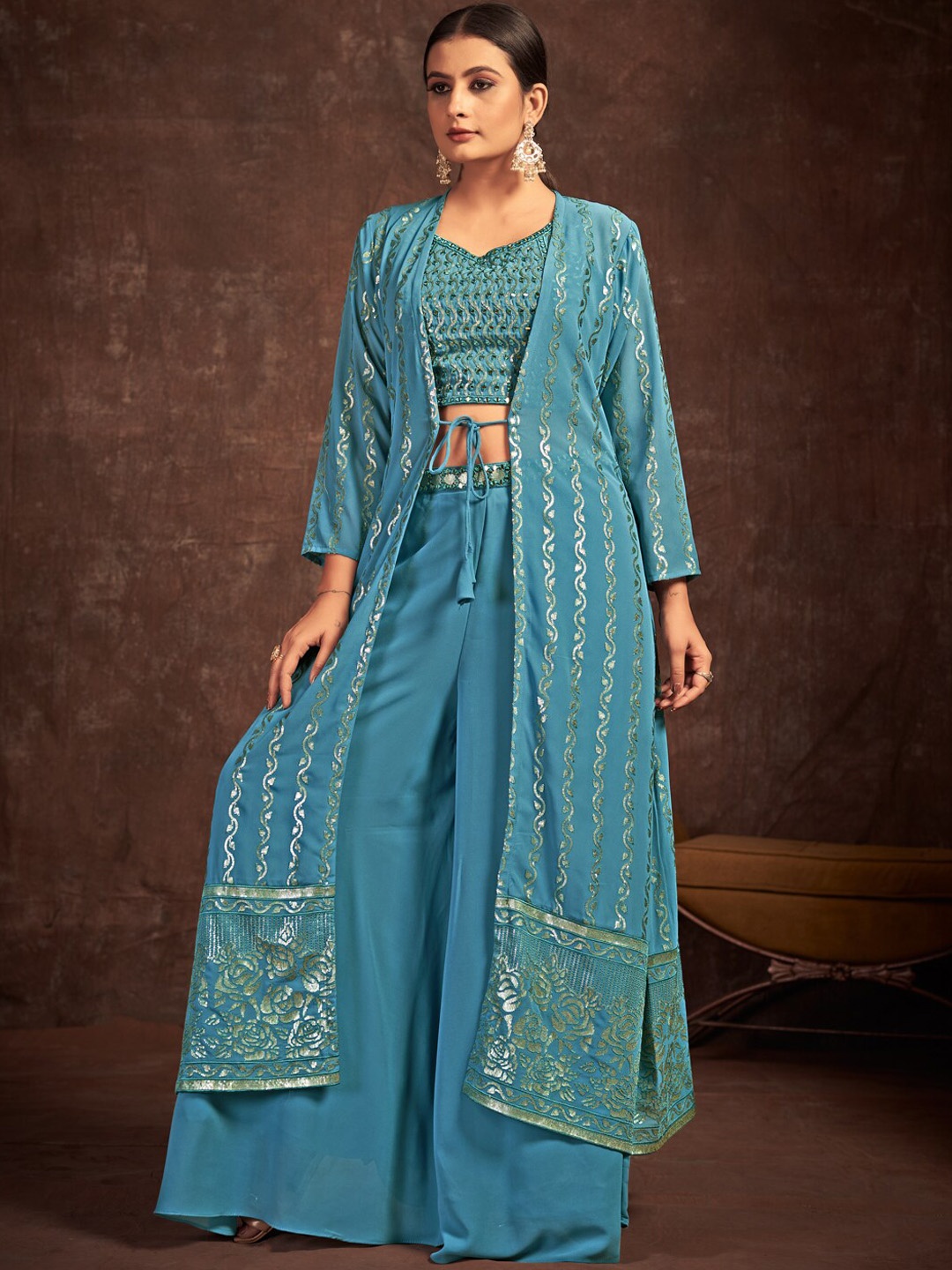 

Fusionic Embellished V-Neck Crop Top With Palazzos & Jacket Co-Ords, Blue