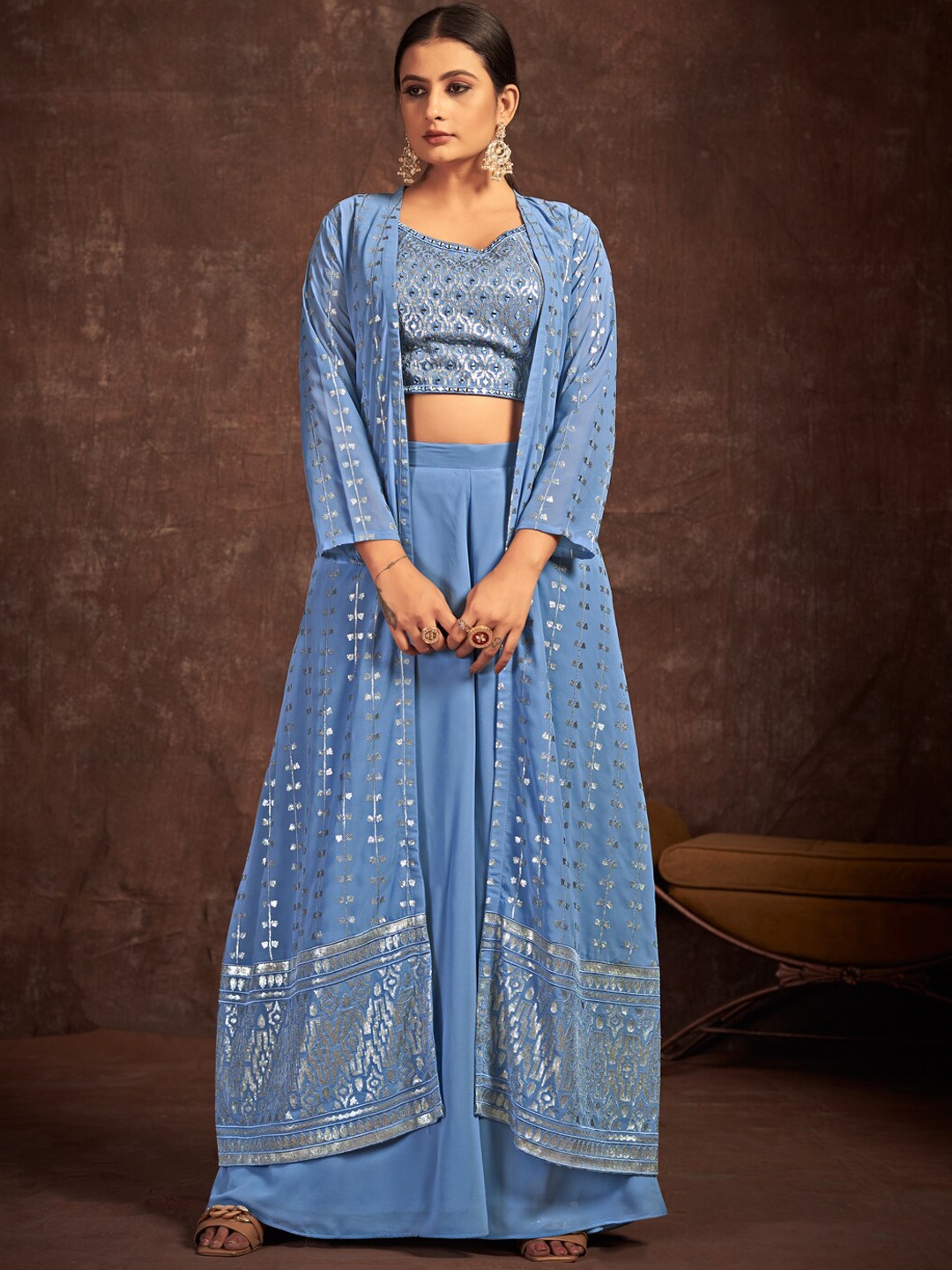 

Fusionic Embellished V-Neck Crop Top With Palazzos & Jacket Co-Ords, Blue